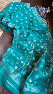 Dhakai Jamdani  - Teal Green Silver Zari  Woven