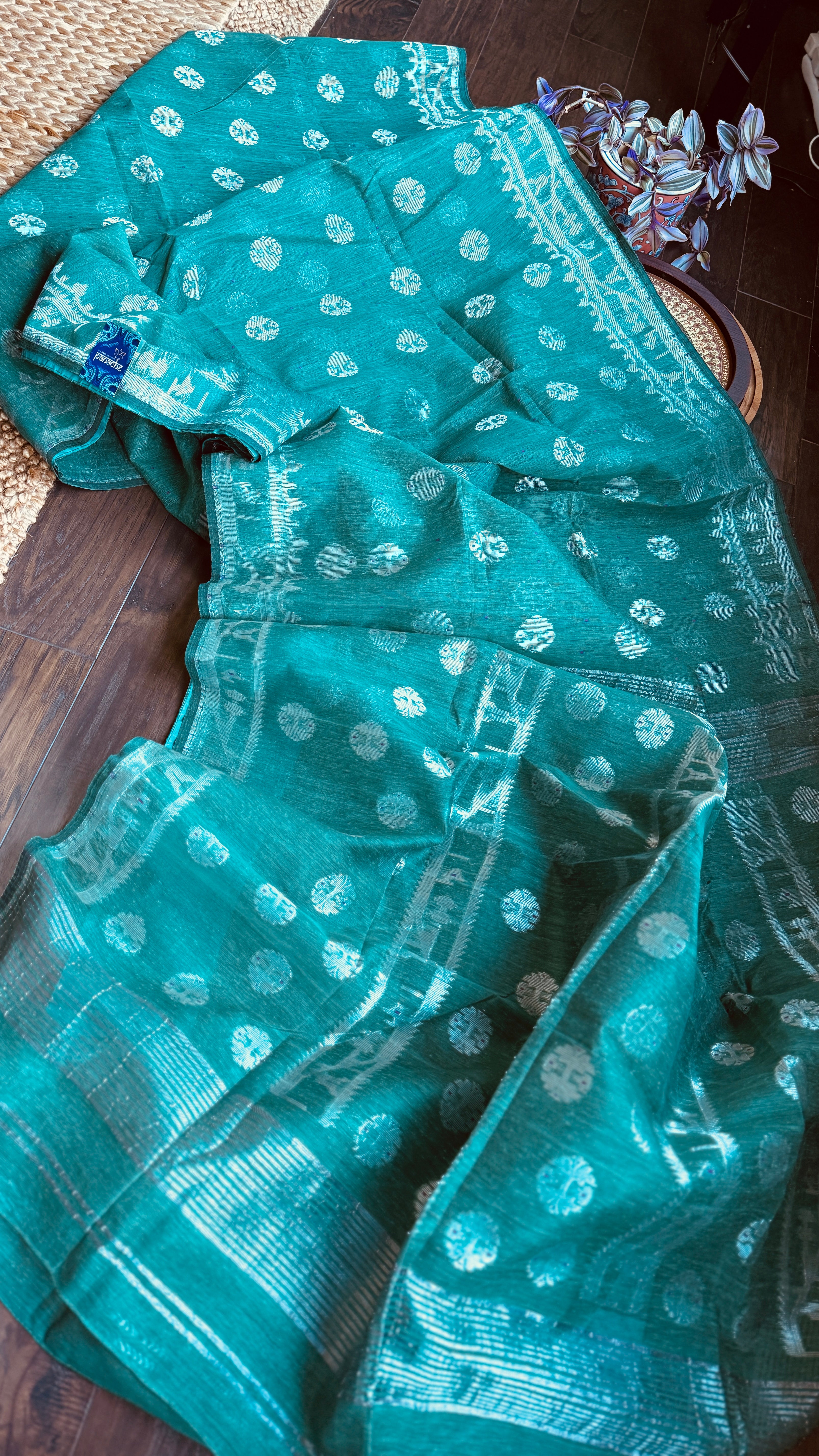Dhakai Jamdani  - Teal Green Silver Zari  Woven