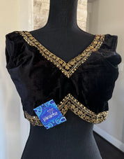 Designer Velvet Blouse - Black Gold Zari Sleeveless