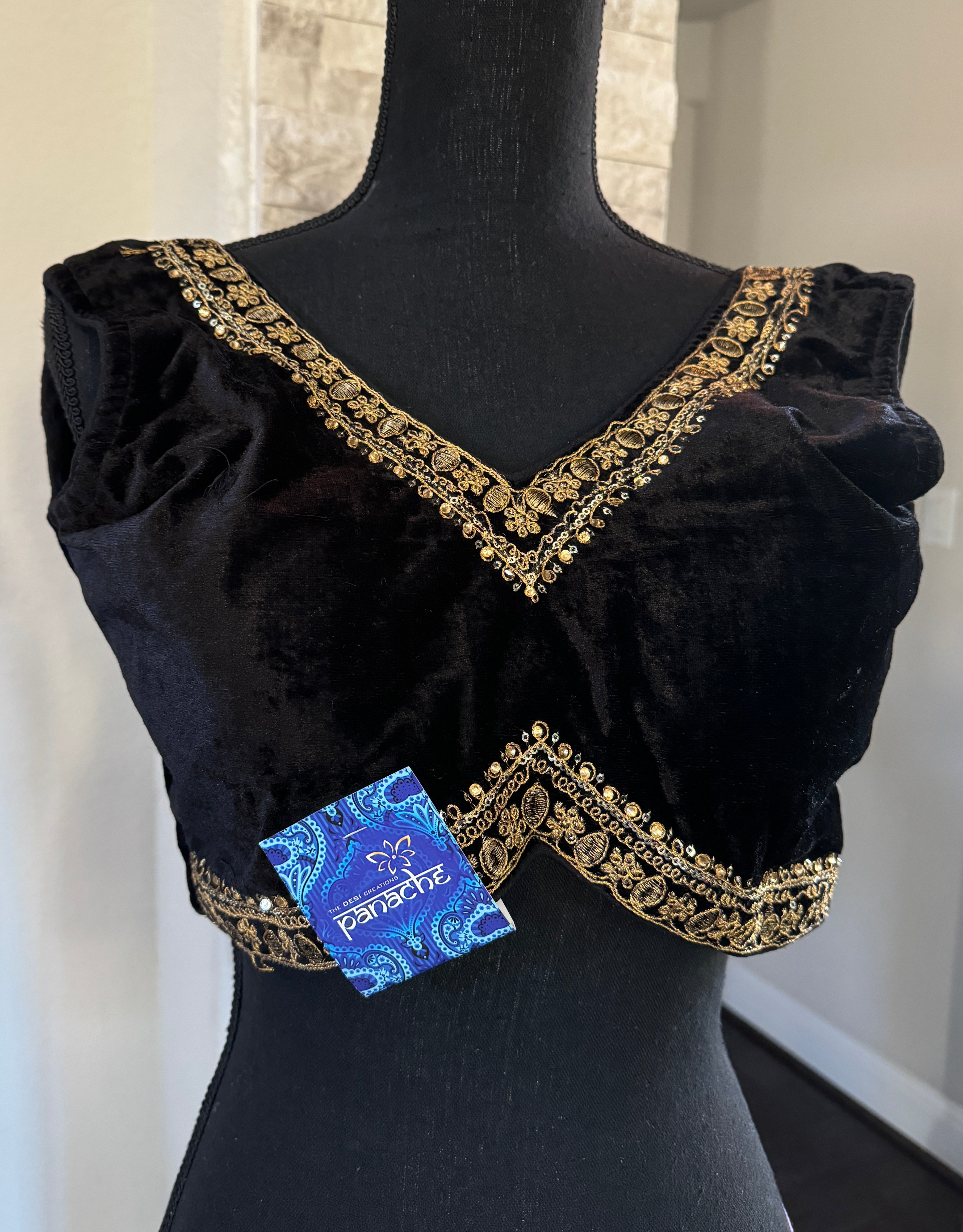 Designer Velvet Blouse - Black Gold Zari Sleeveless