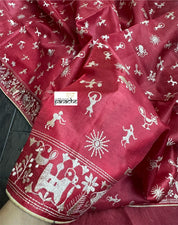 Tussar Silk - Red Worli Embroidered