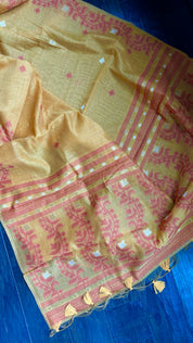 Linen Cotton Jamdaani - Yellow Red Woven