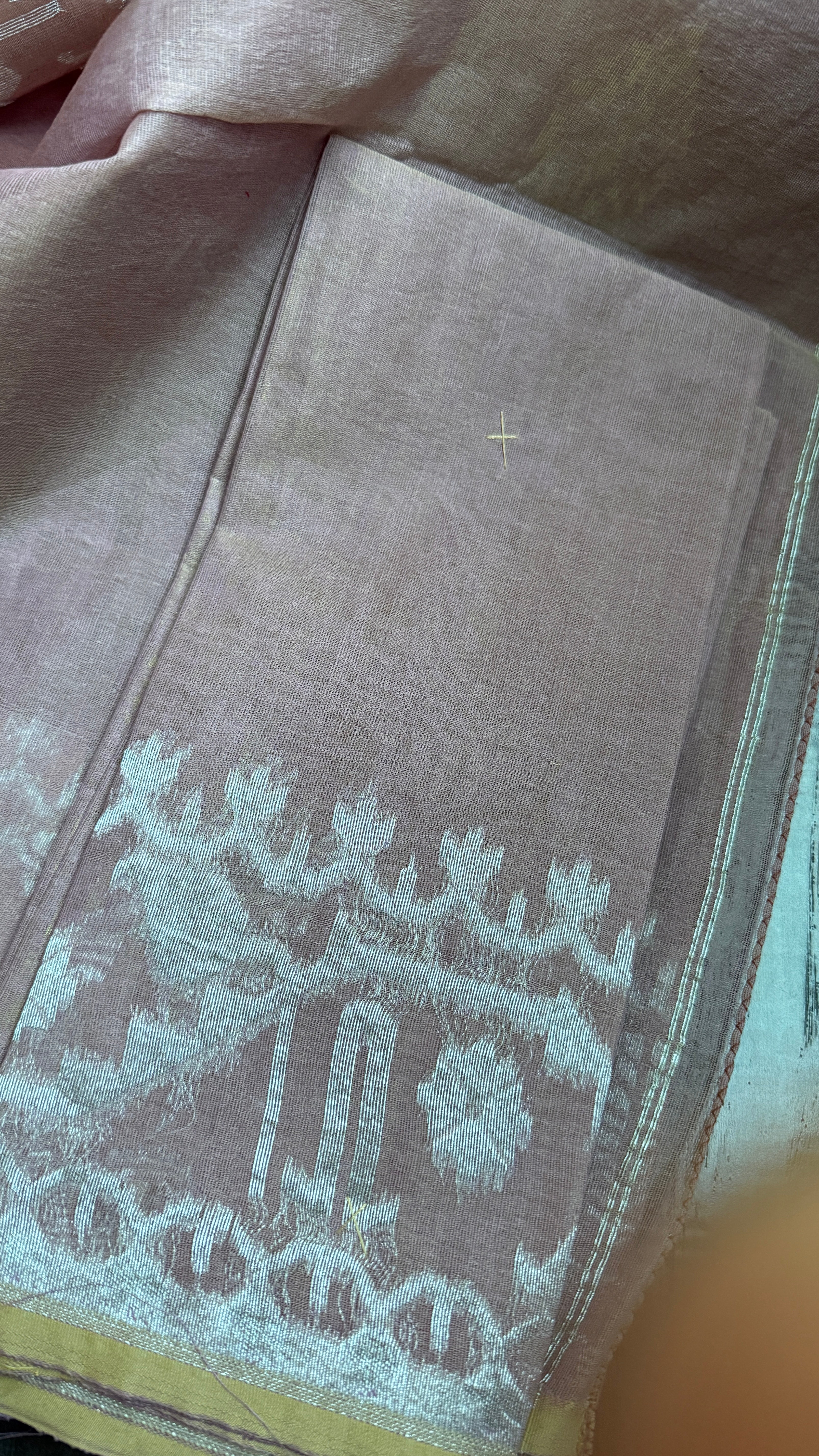 Dhakai Jamdani  - Dusty Pink Gold Silver Zari  Woven