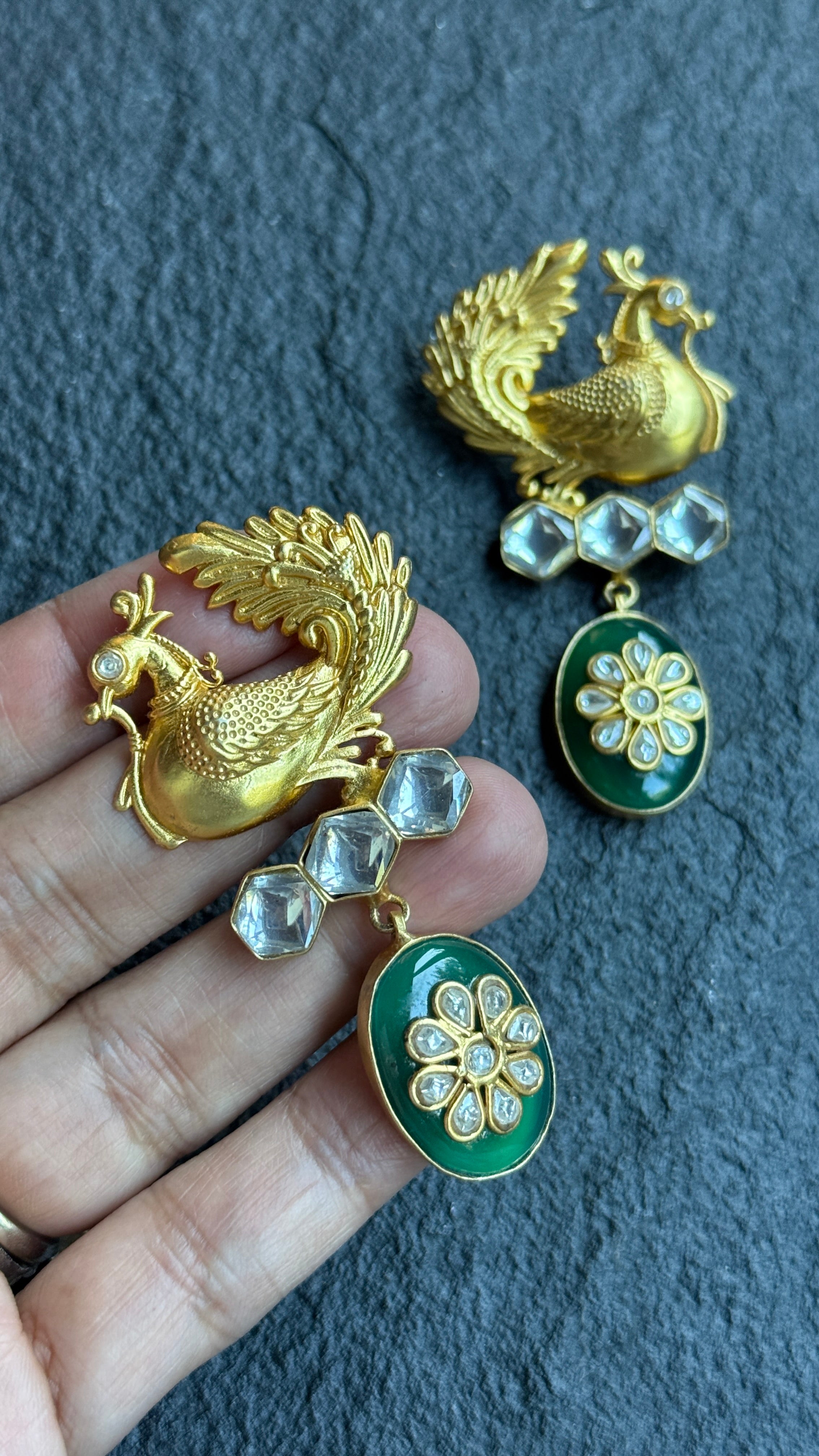 Earring 925 Silver- Green Onyx Gold Tone Peacock