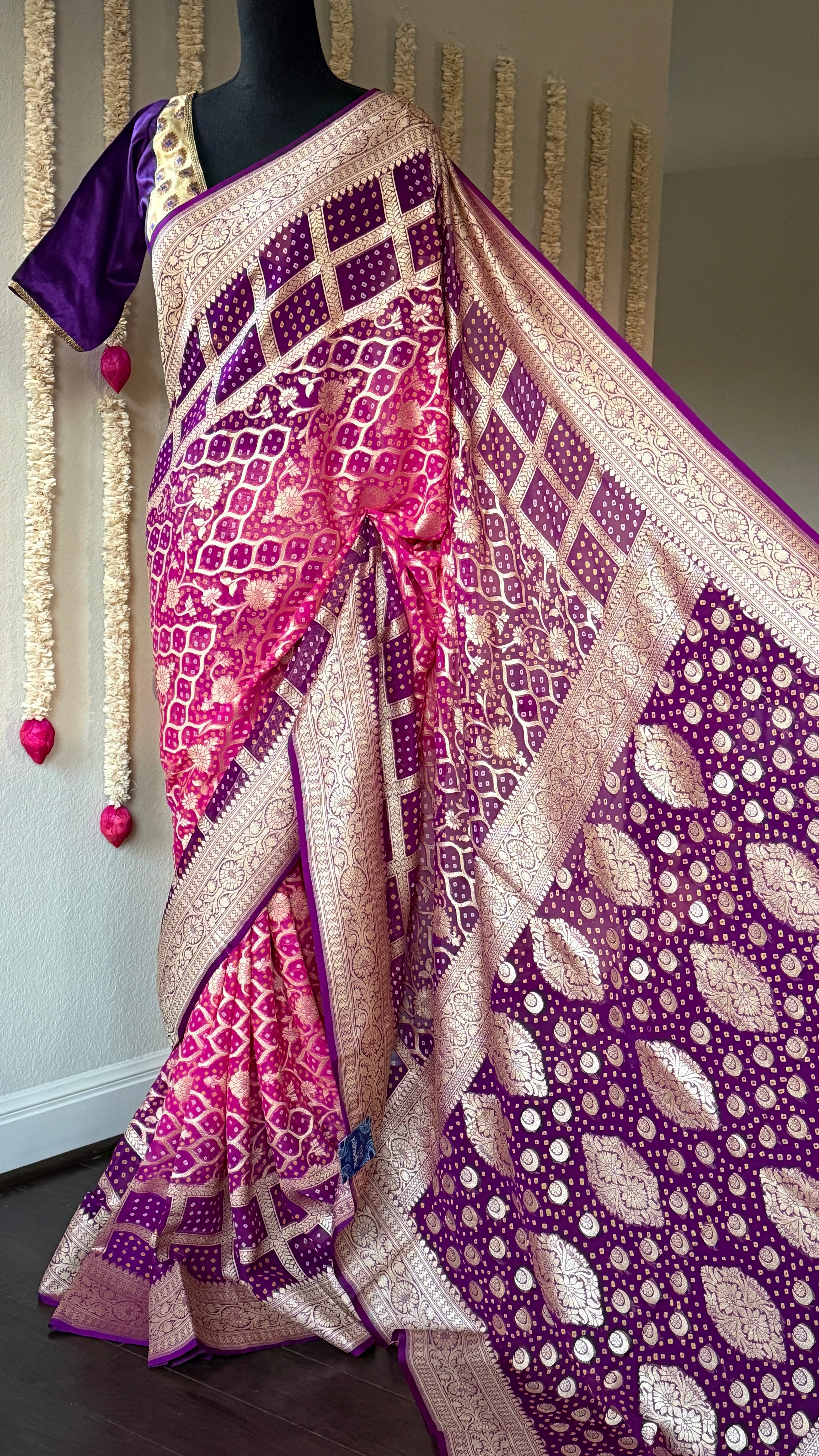 Bandhej Khaddi Georgette Banarasi - Pink Purple