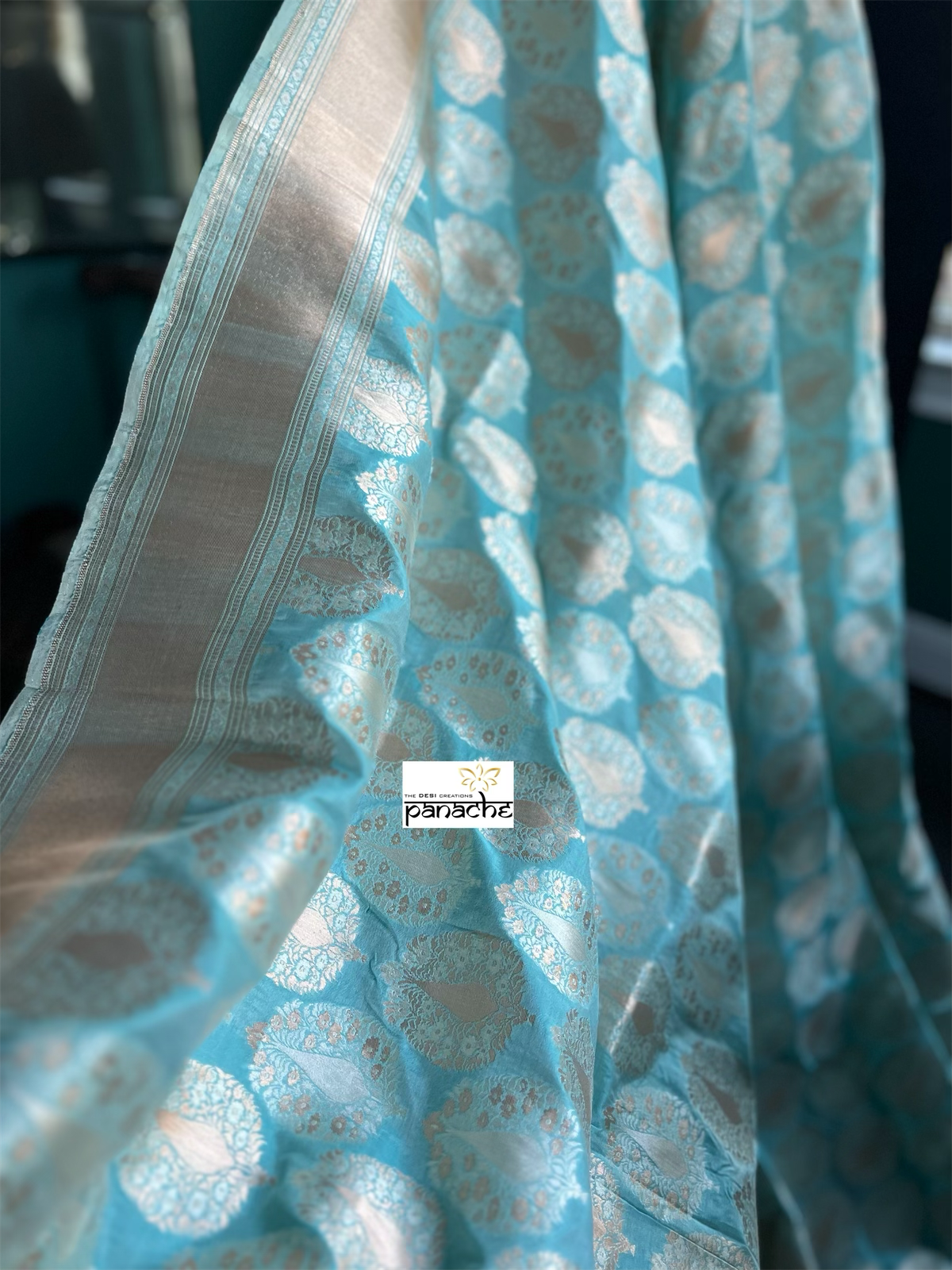 Pure Silk Katan Tissue Banarasi- Firozi Meenakari