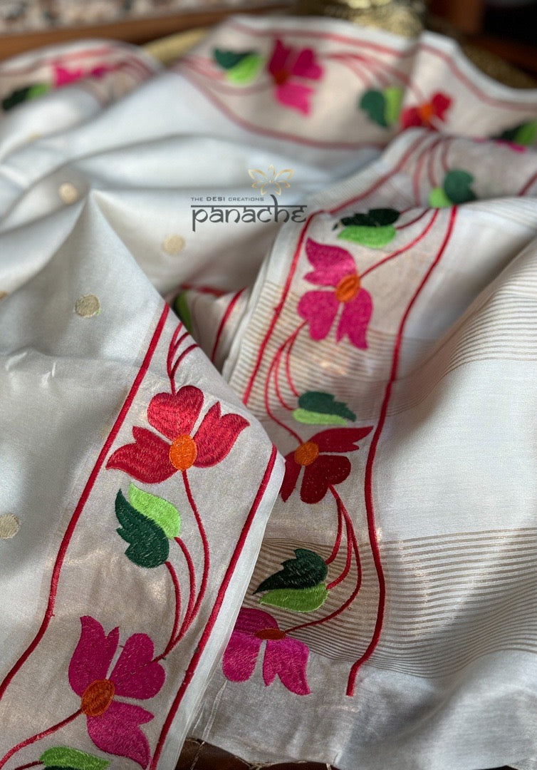 Embroidered Tussar Muga Silk - Beige Paithani