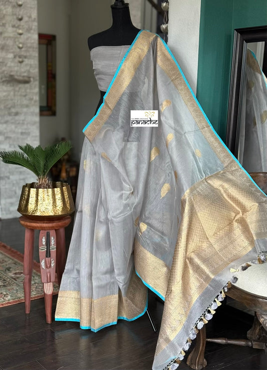 Linen Silk Banarasi - Grey Firozi
