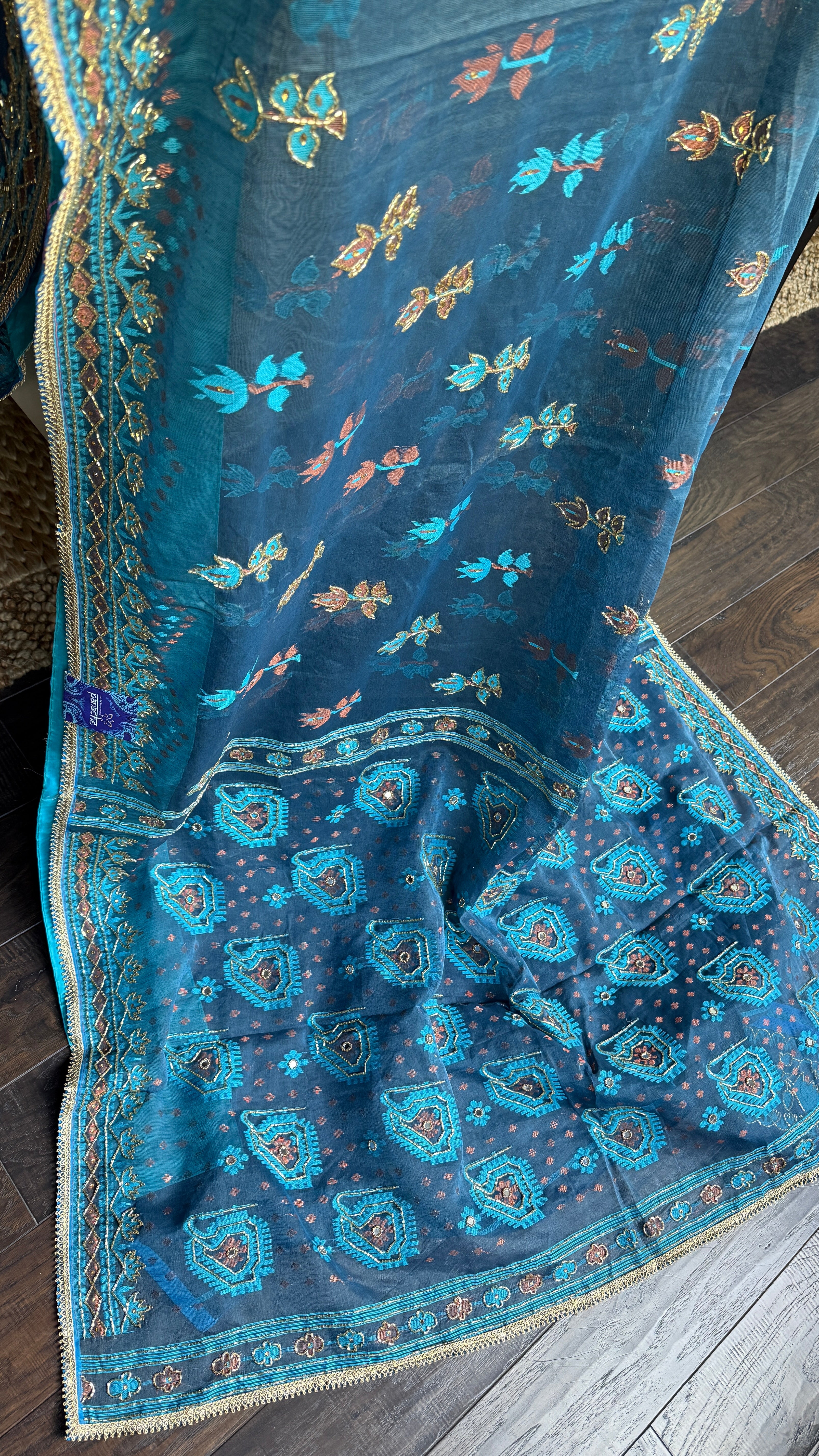 Designer Jamdaani Cutdana Embroidered - Light Firozi