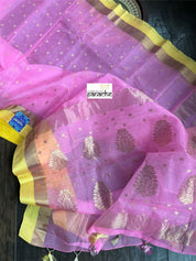 Pure Chanderi Organza Silk - Pink Yellow Golden Zari