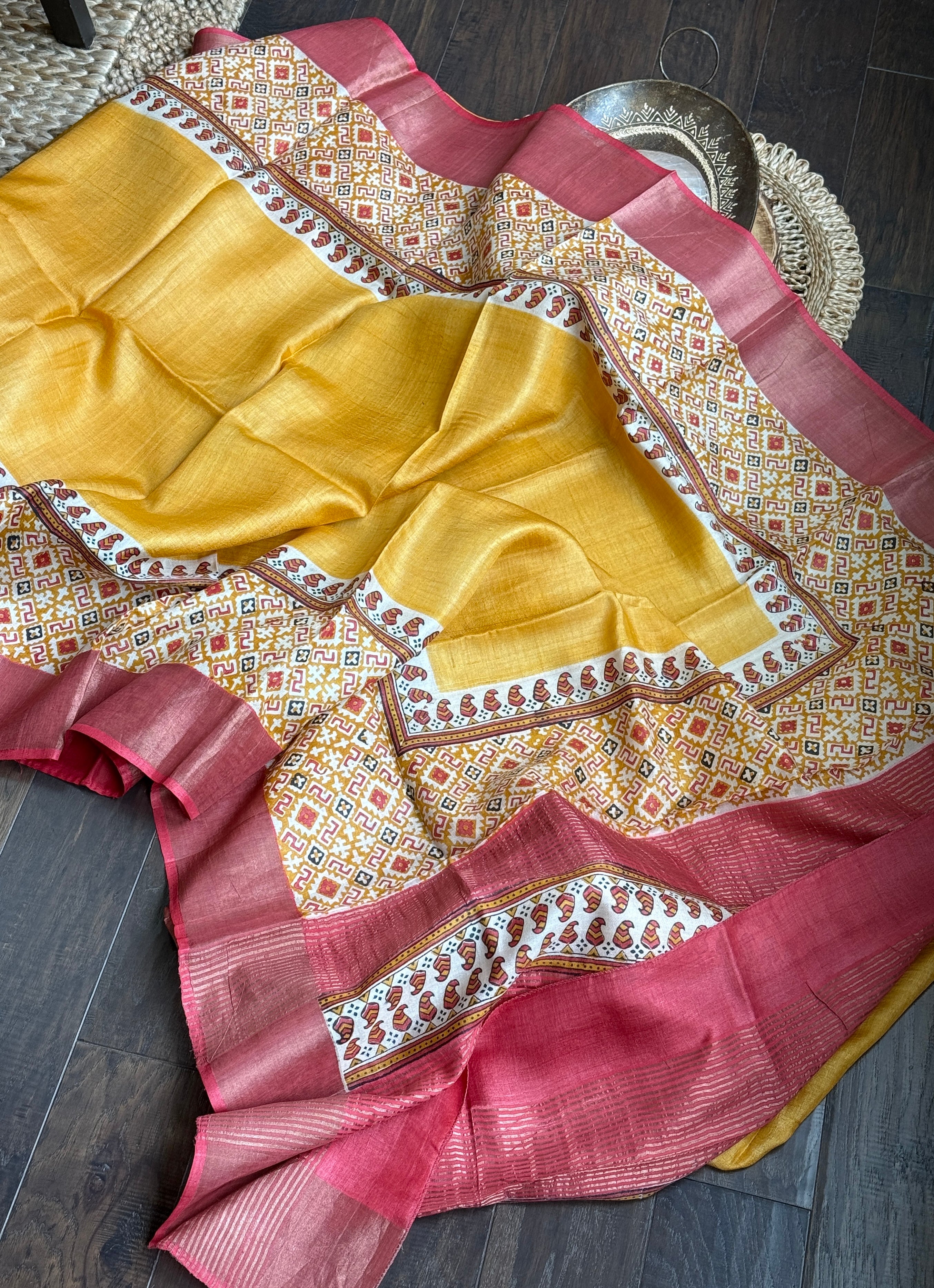 Pure Tussar Silk - Yellow Red Black