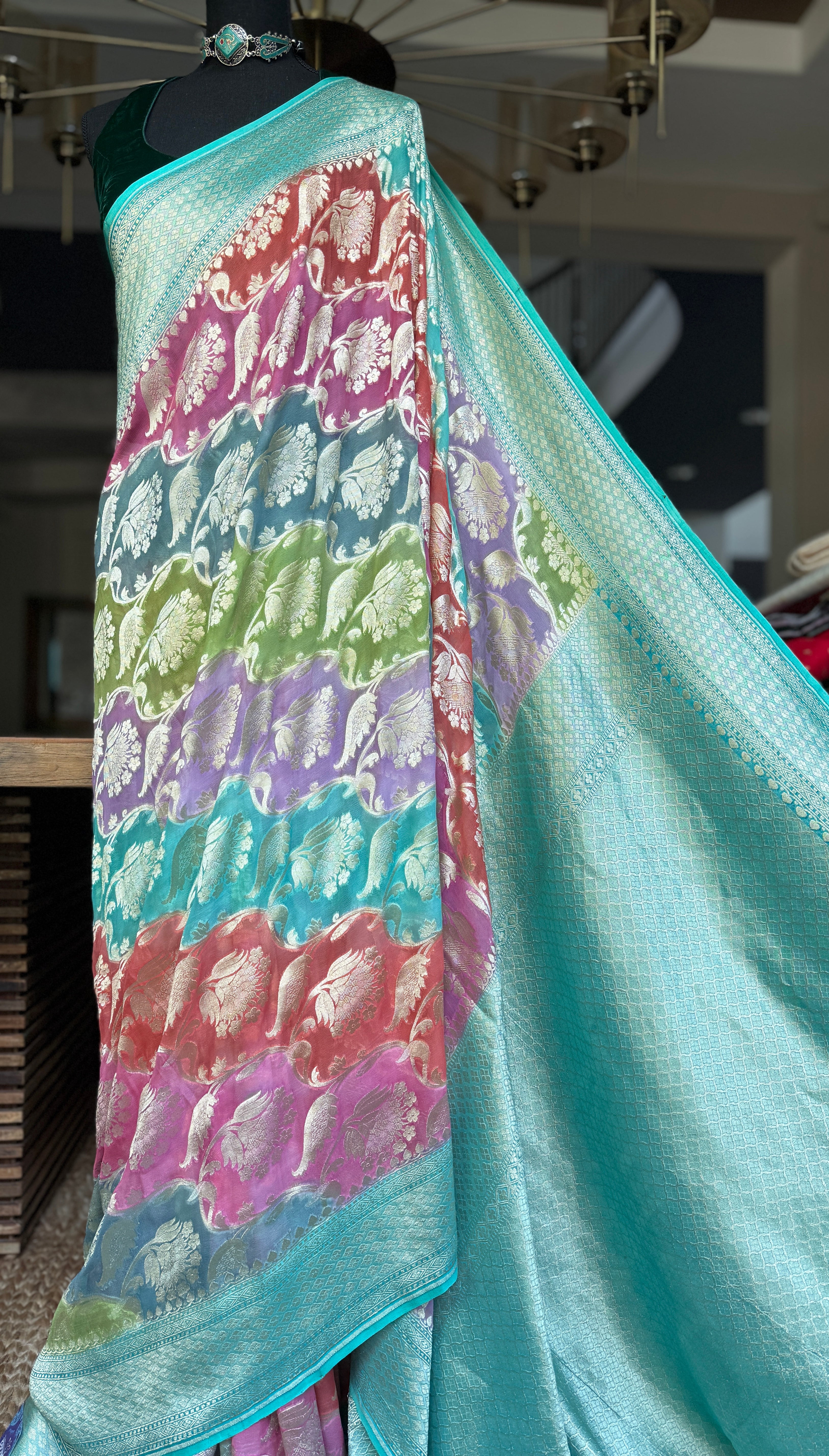 Khaddi Georgette Banarasi - Sea Green Multi color Rangkat