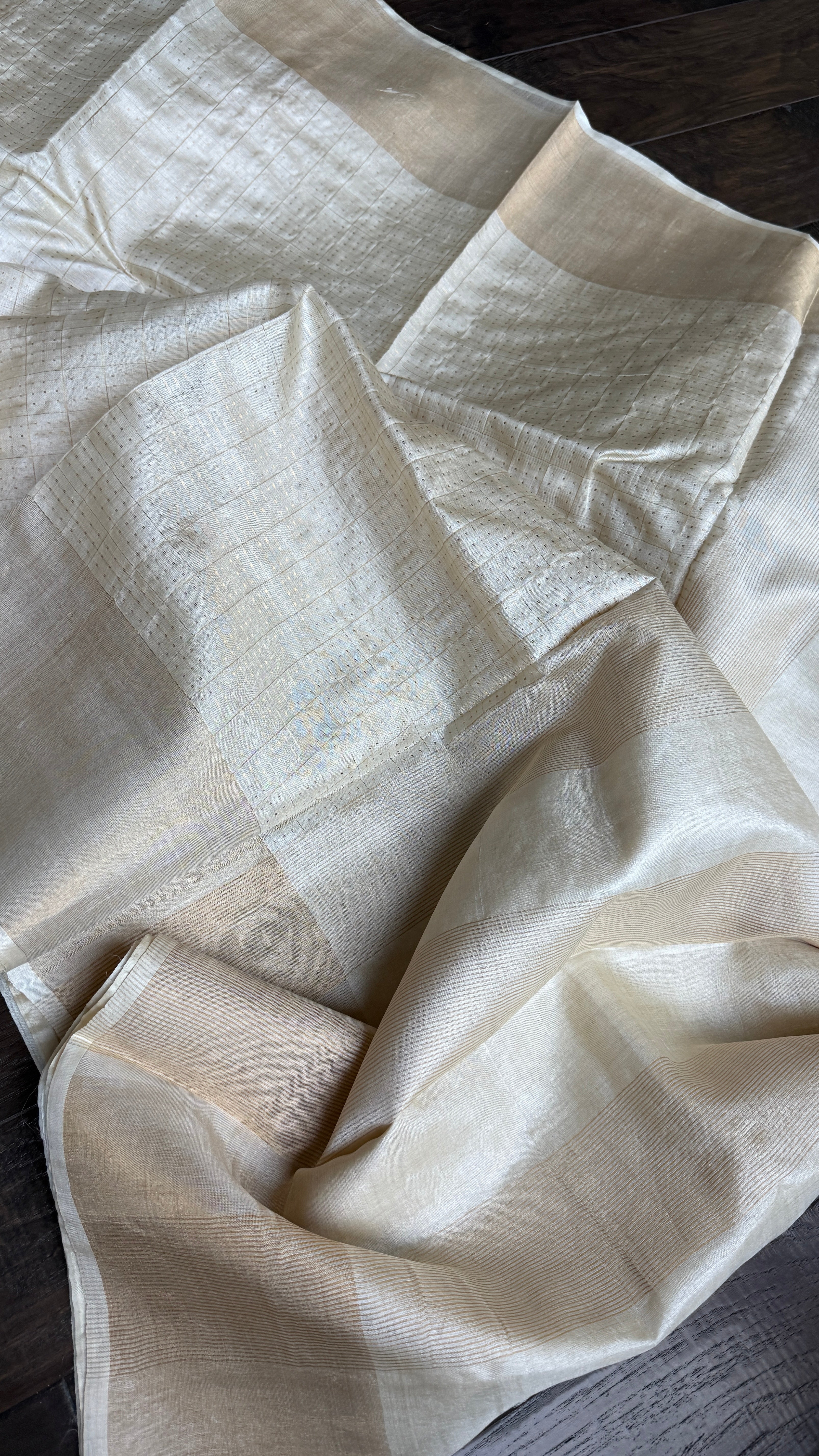 Pure Tussar Silk - Cream Beige Golden Zari Woven4