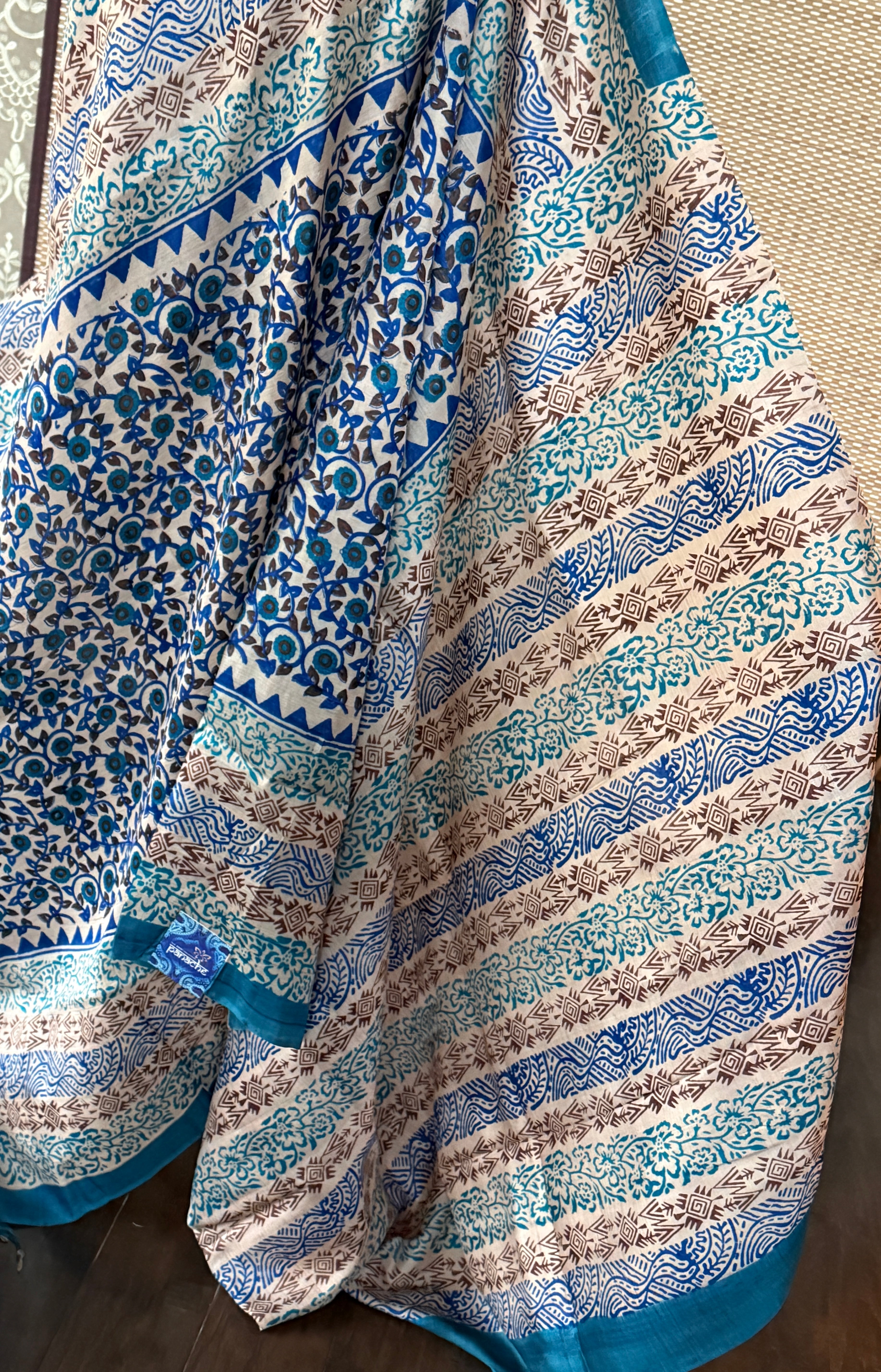 Tussar Silk - Printed Offwhite Firozi Royal Blue