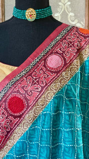 Kantha Stitch Printed Tussar Silk - Firozi Blue