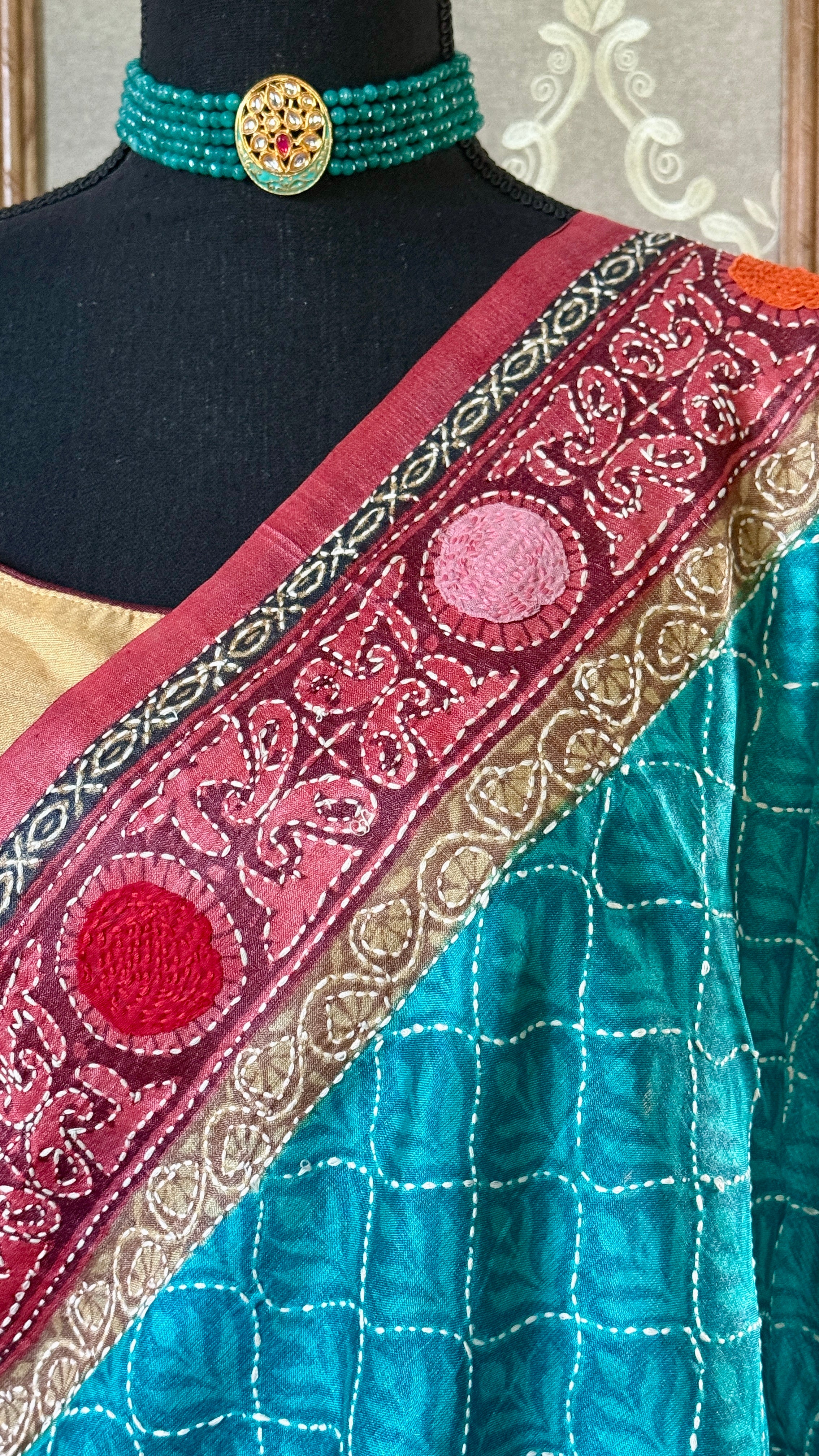 Kantha Stitch Printed Tussar Silk - Firozi Blue