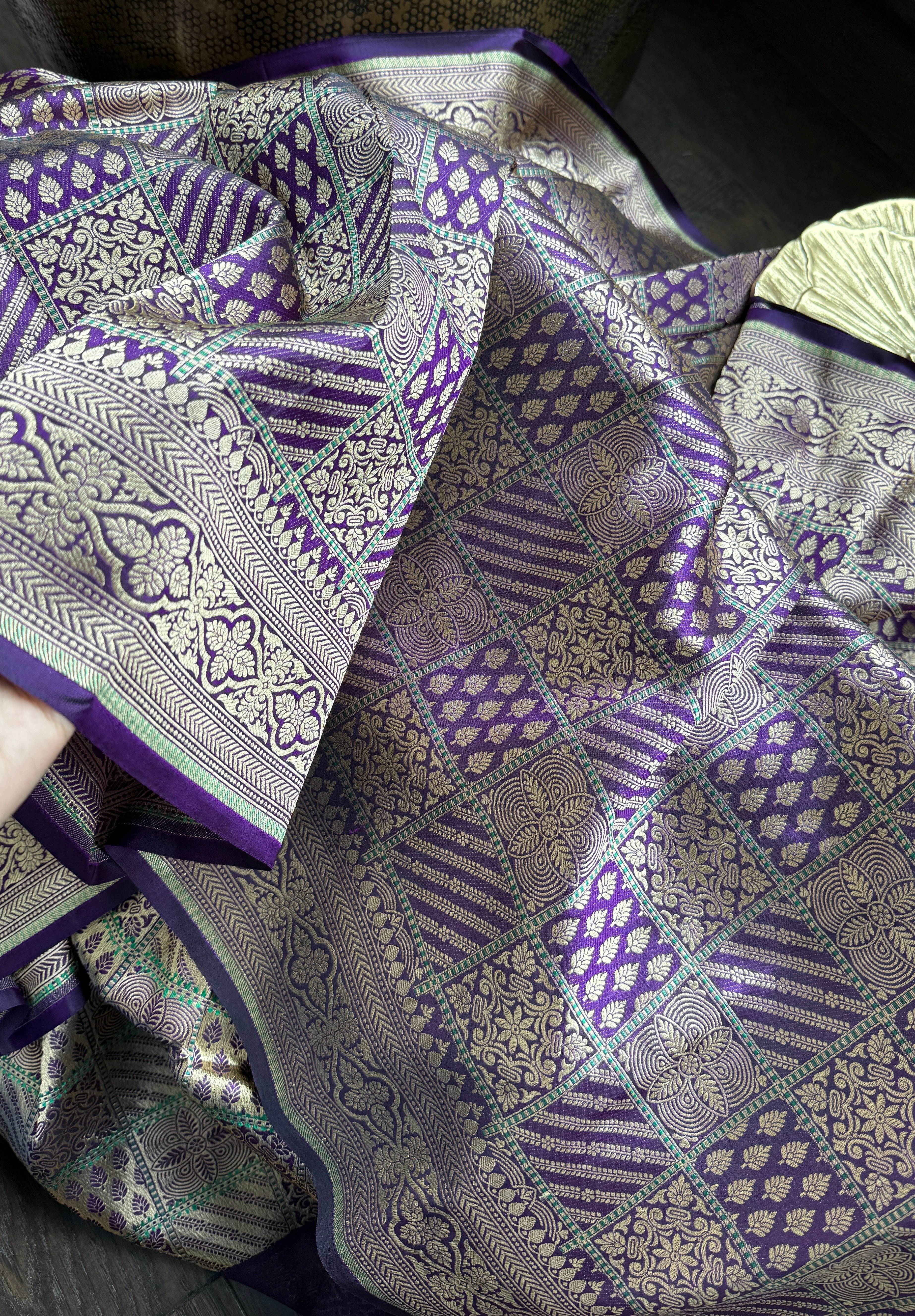 Pure Silk Katan Banarasi- Purple Antique Gold Zari