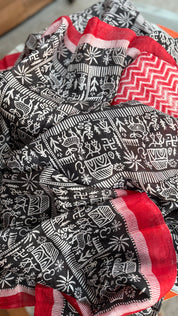 Pure Murshidabad Silk - Black White Red Printed