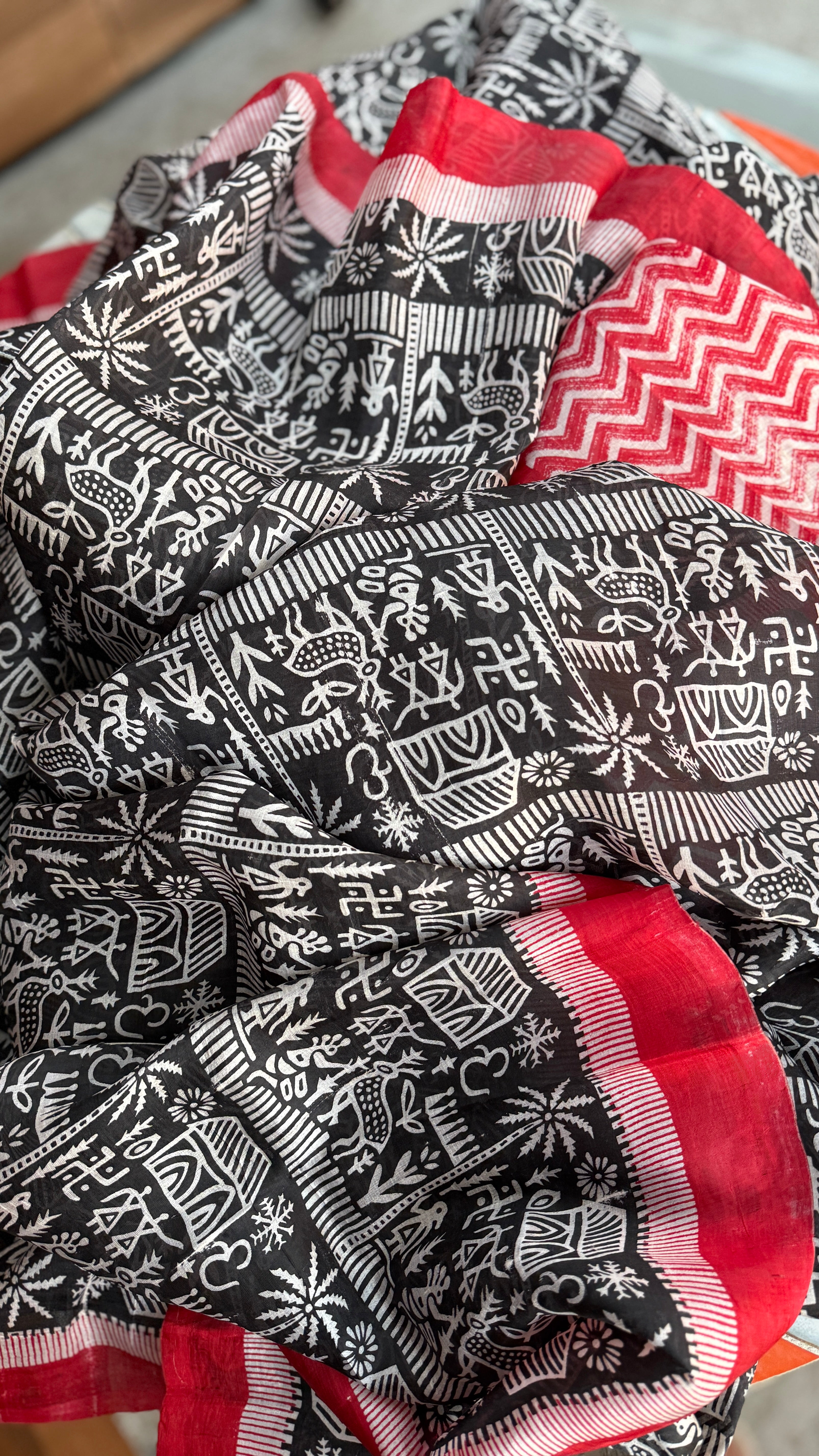 Pure Murshidabad Silk - Black White Red Printed