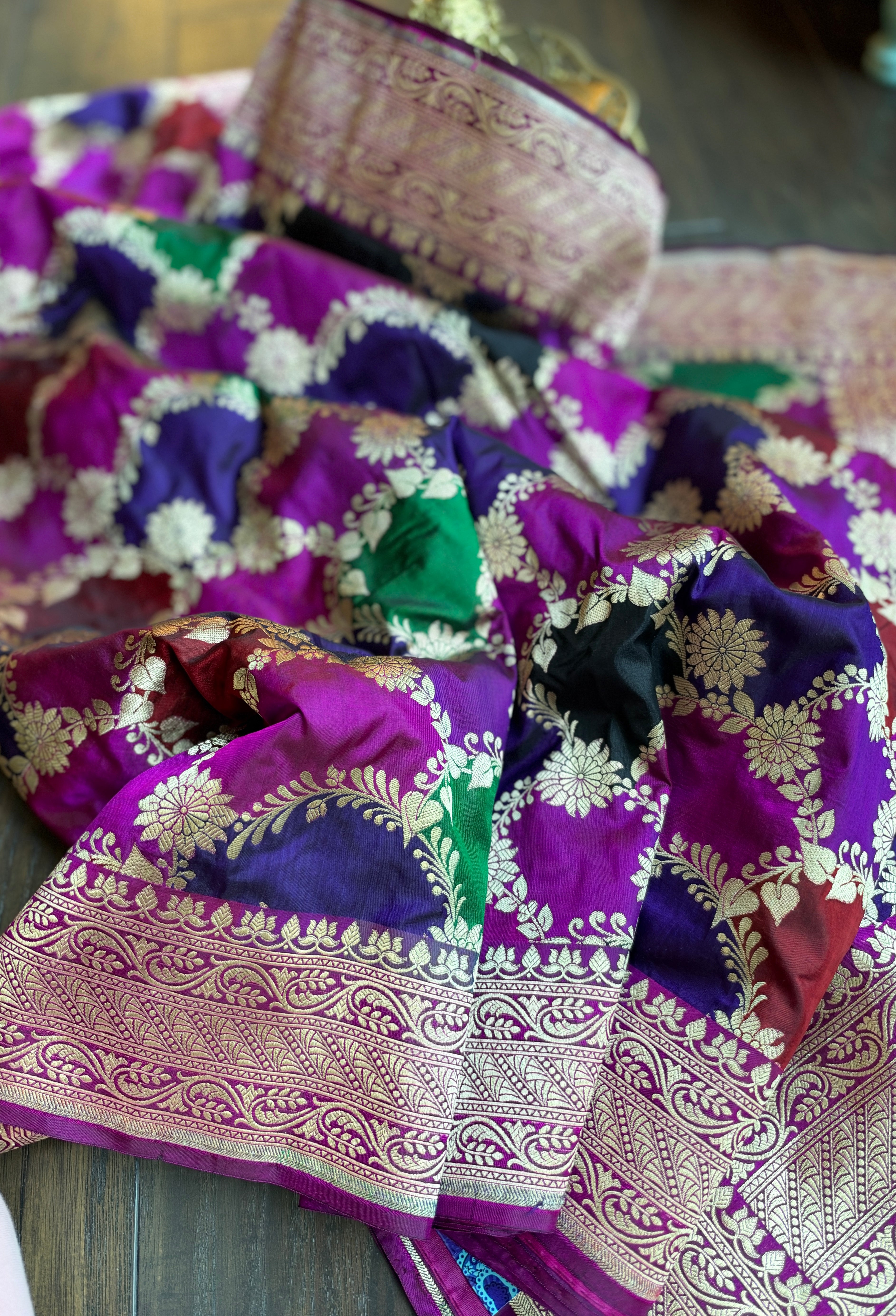 Pure Silk Banarasi - Purple Magenta Maroon Green