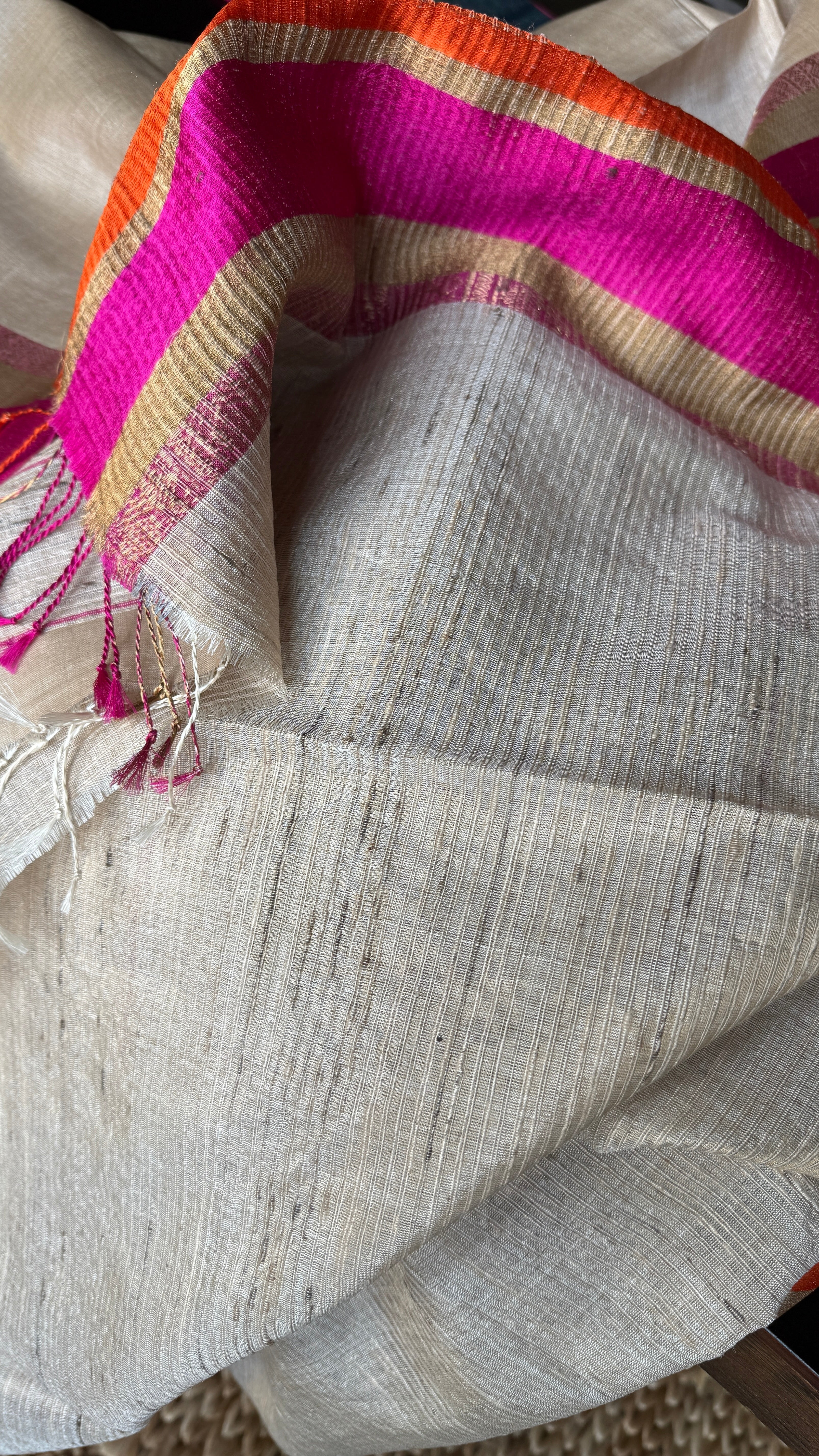 Pure Tussar Silk Handwoven - Tussar Beige Pink Orange