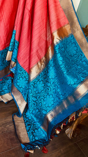 Tussar Silk Banarasi - Red Blue Kadwa