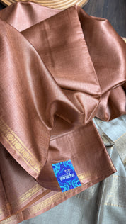 Handwoven Tussar Silk - Light Copper Brown Golden Zari