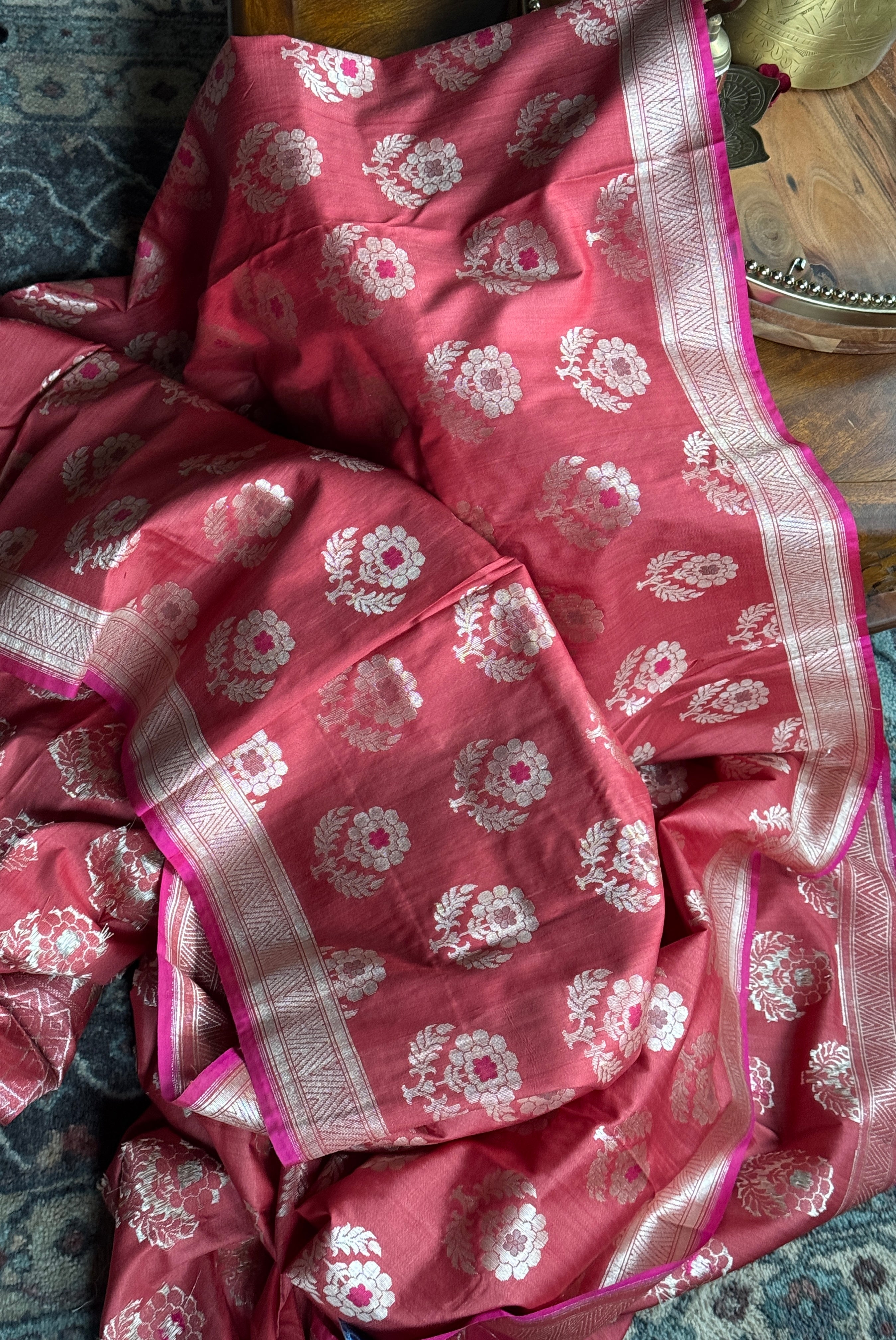 Tussar Silk Banarasi - Orange Pink Dual Shaded Antique Zari