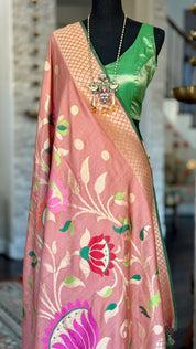 Khaddi Tussar Banarasi -  Gajri Pink Green Paithani