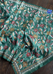 Pure Tussar Silk Kantha Stitch -  Dark Green Multi Color