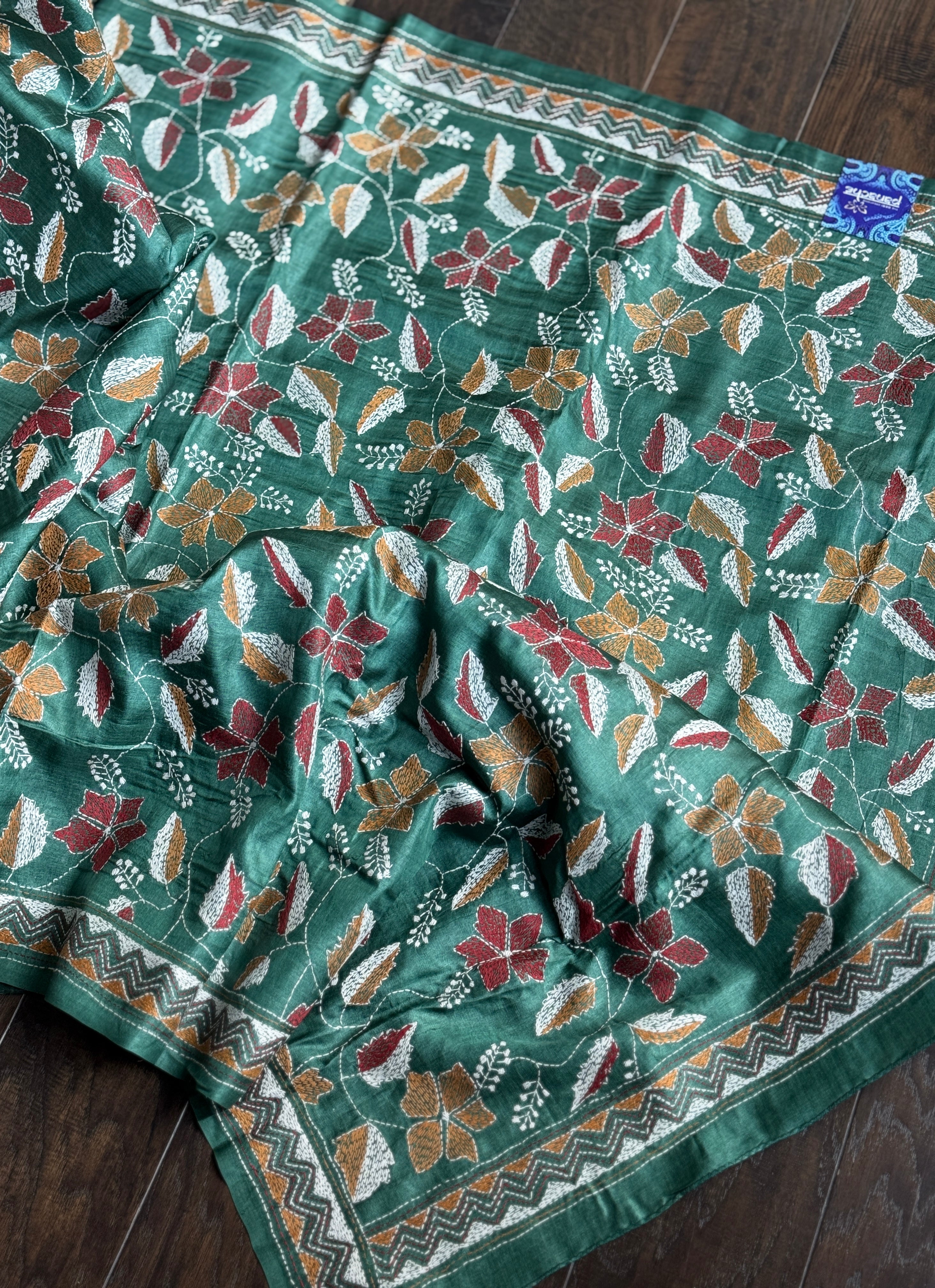 Pure Tussar Silk Kantha Stitch -  Dark Green Multi Color