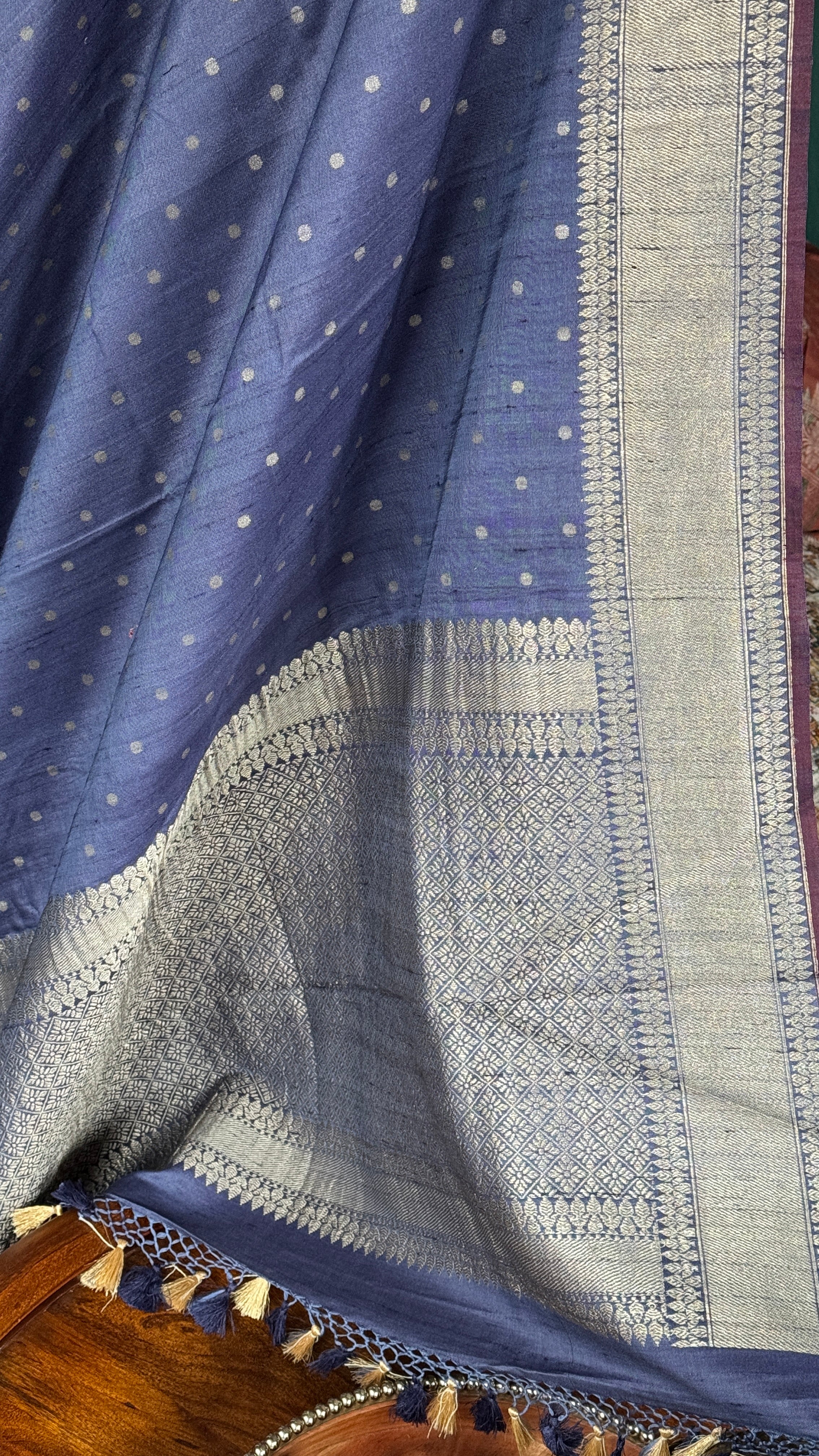 Tussar Silk Banarasi - Grey Blue Antique Zari