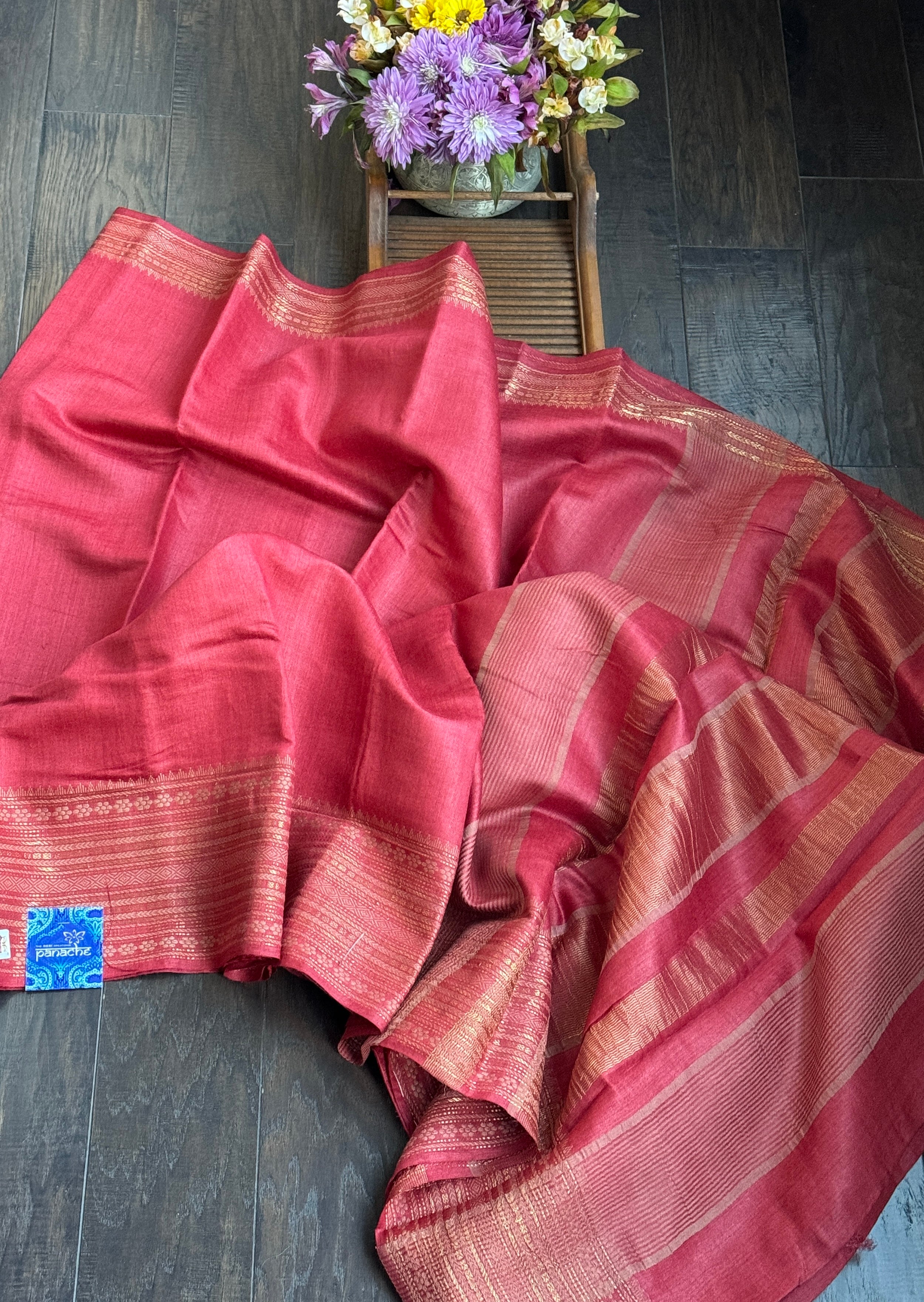 Handwoven Tussar Silk - Red Golden Zari