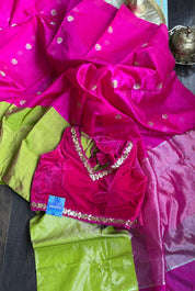 Pure Chanderi Pattu Silk mushru - Pink Lime Green