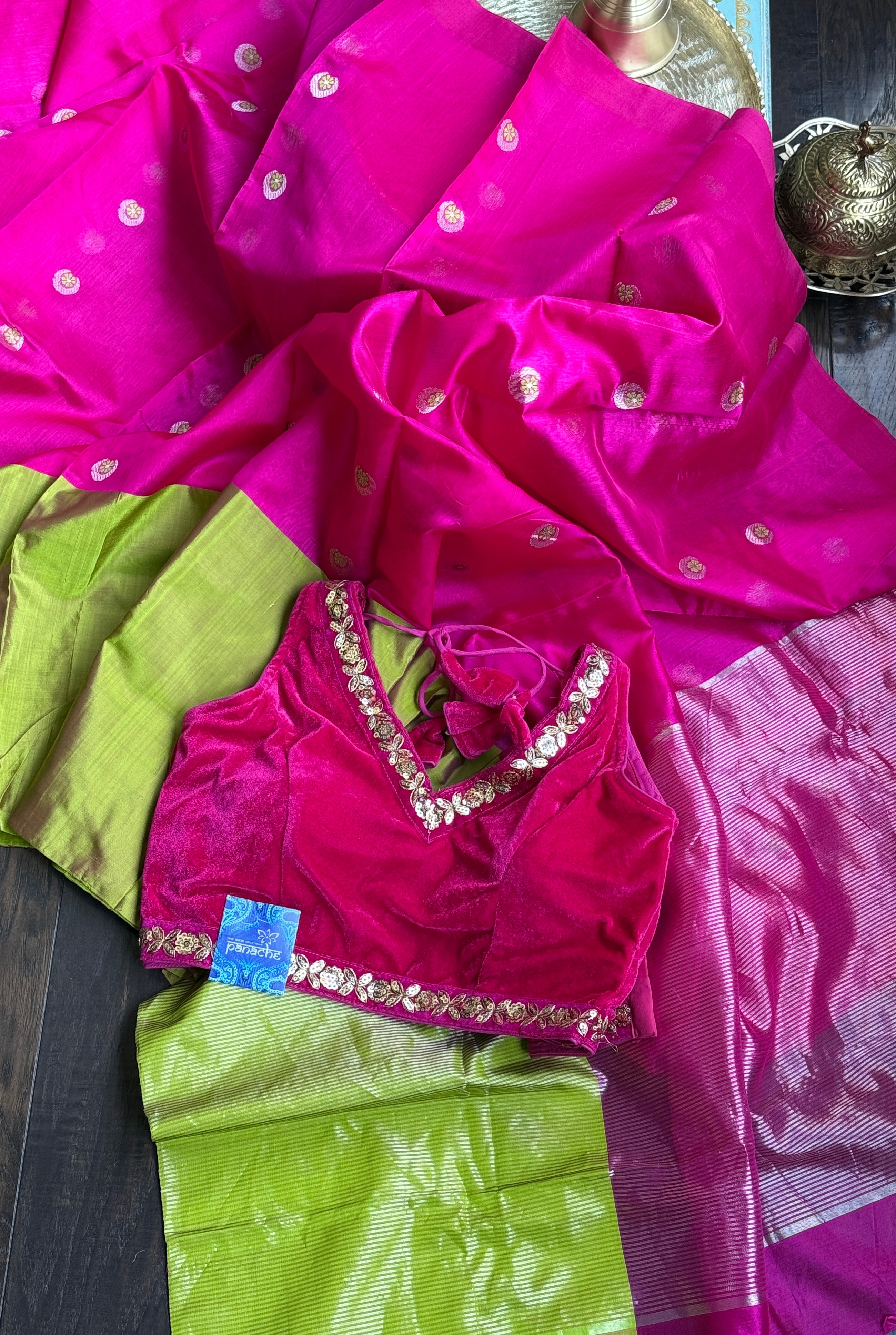 Pure Chanderi Pattu Silk mushru - Pink Lime Green