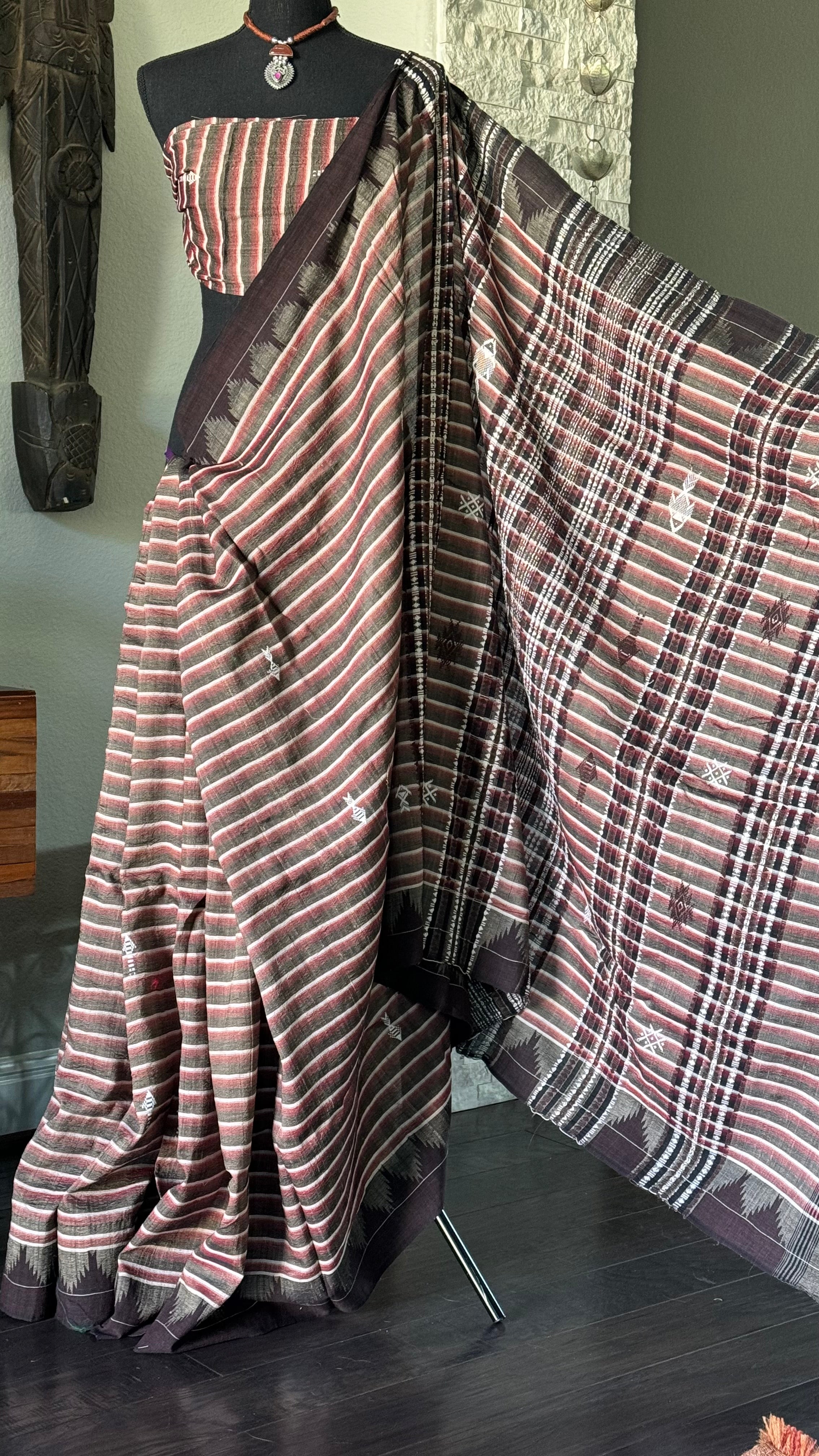 Pure Tussar Kotpad ikat  - Chocolate Brown