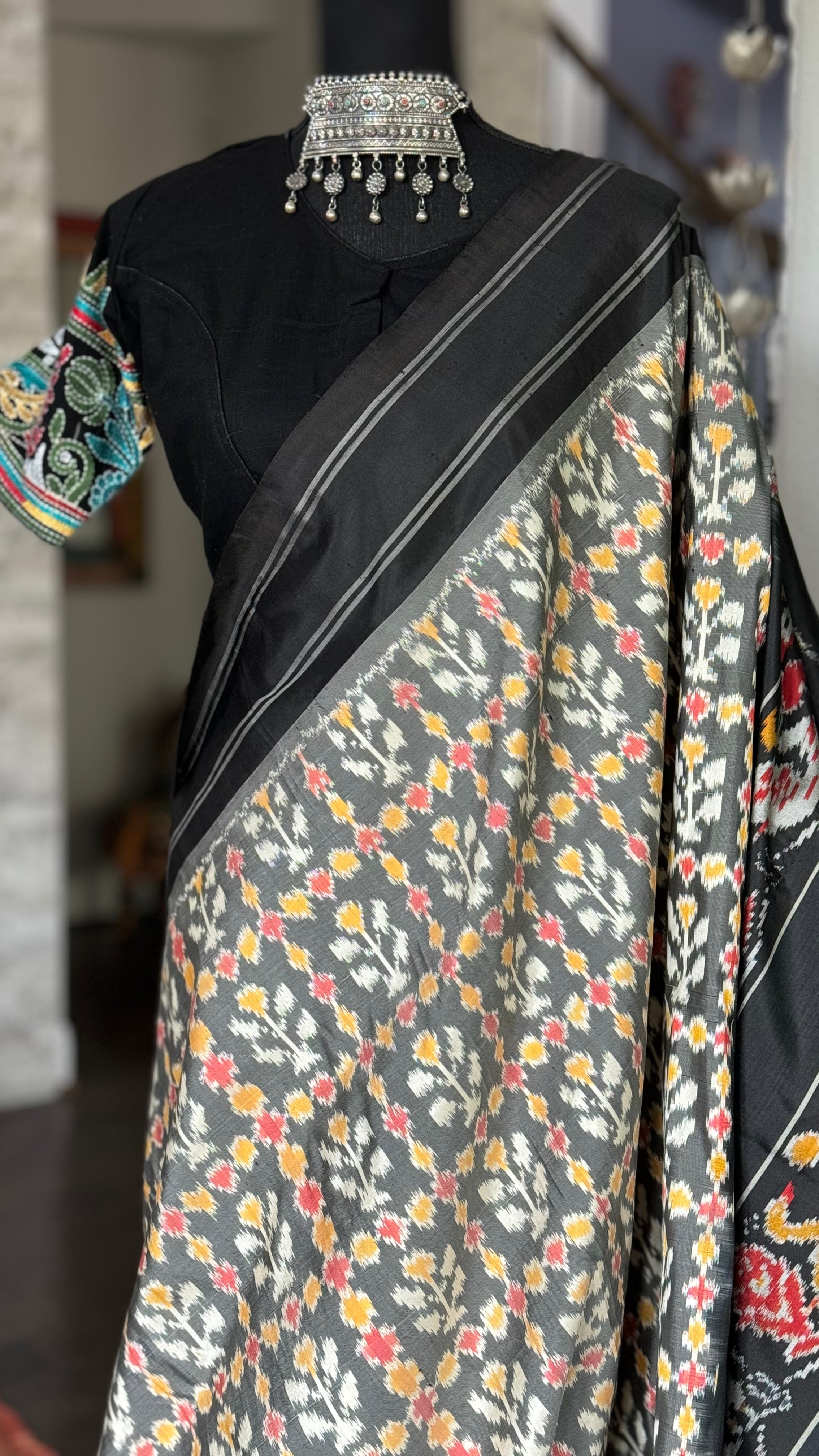 Pure Silk Ikat -  Grey Black Pochampally