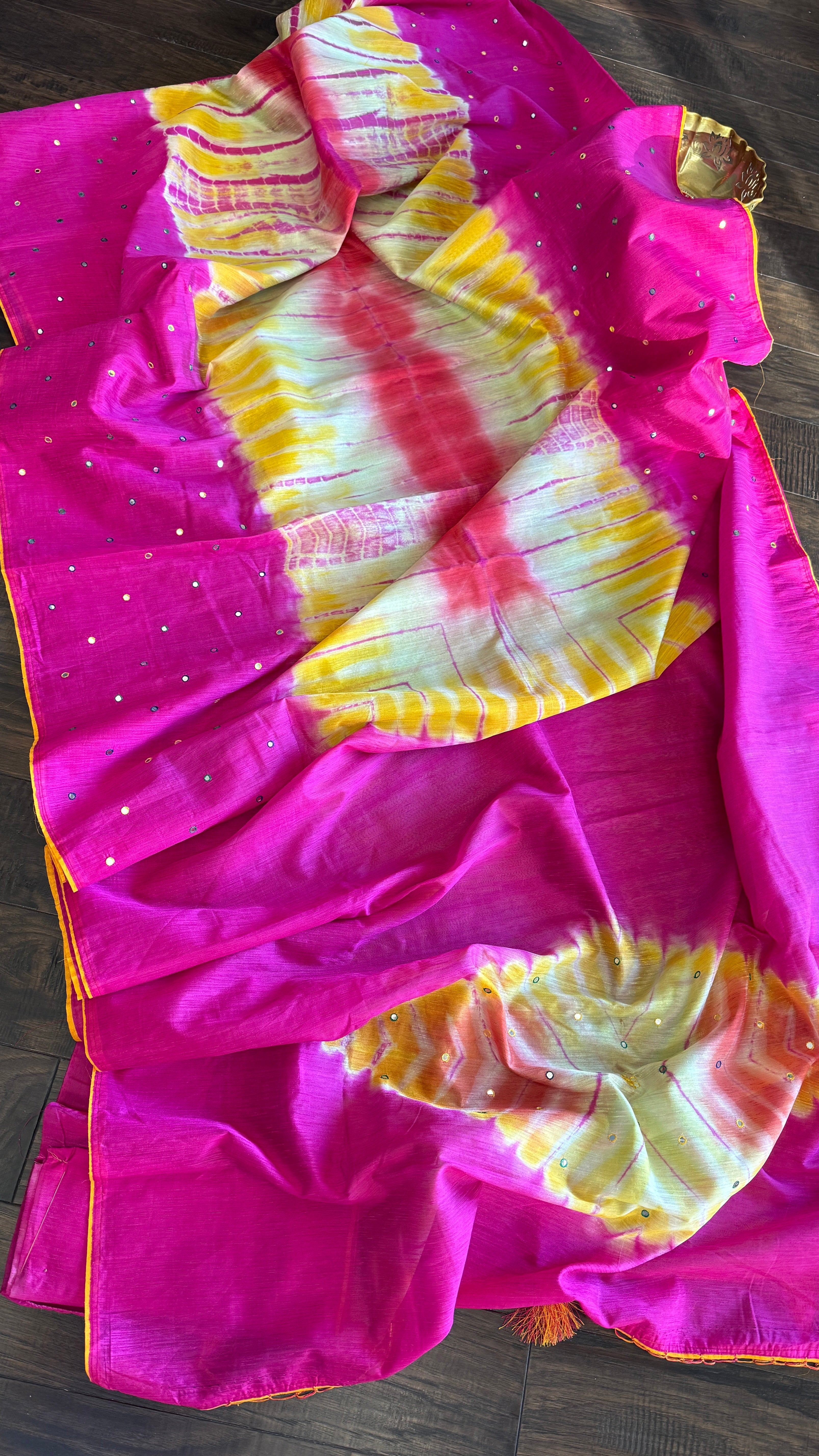 Soft Dupion Tie-Dye Saree - Pink Yellow