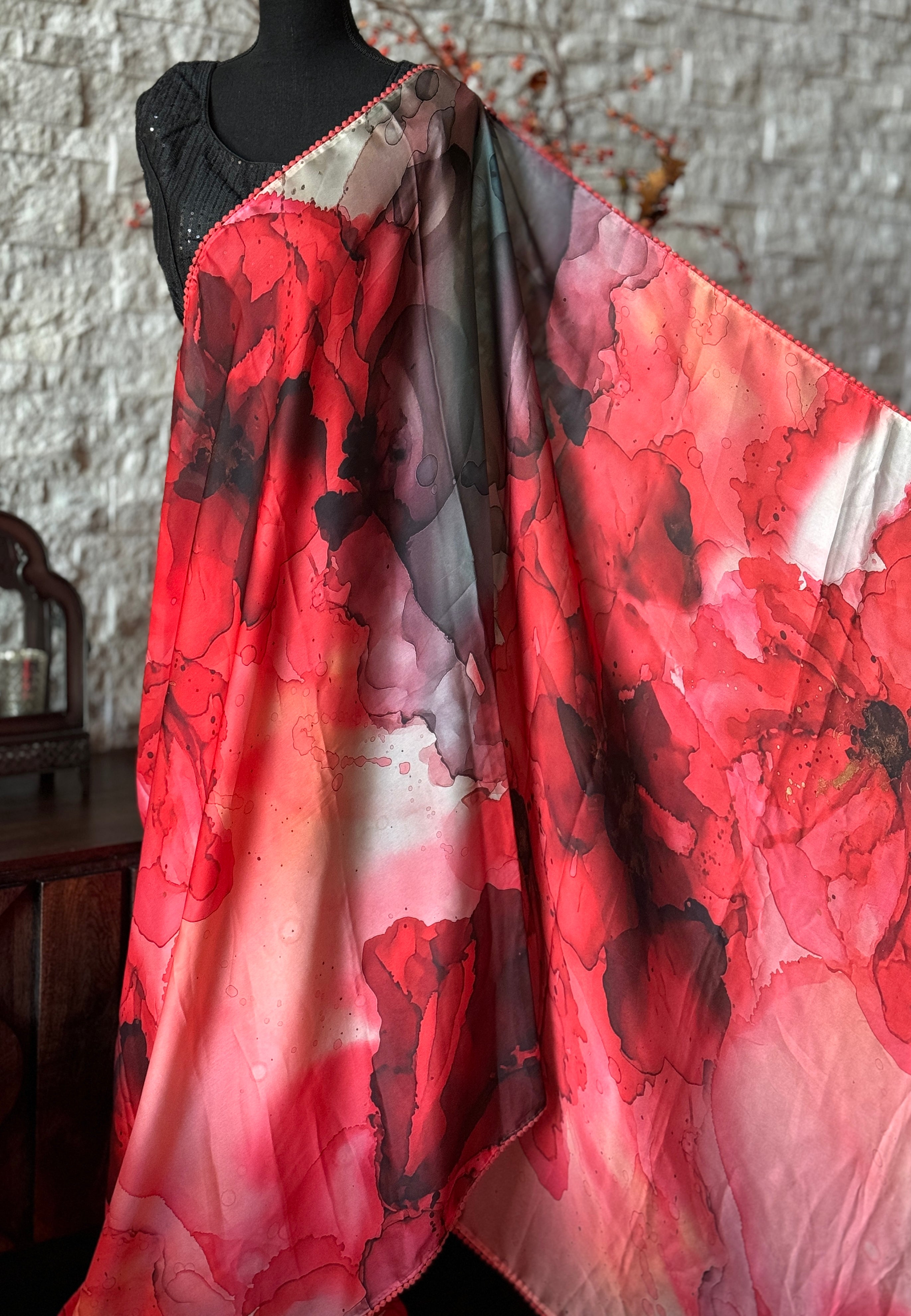 Designer Satin Silk - Red Black Marble Print