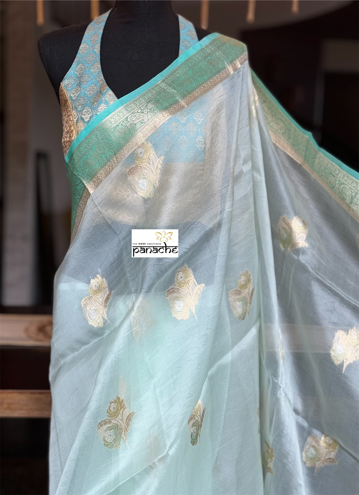 Organza Silk Banarsi - Mint Blue Kadwa