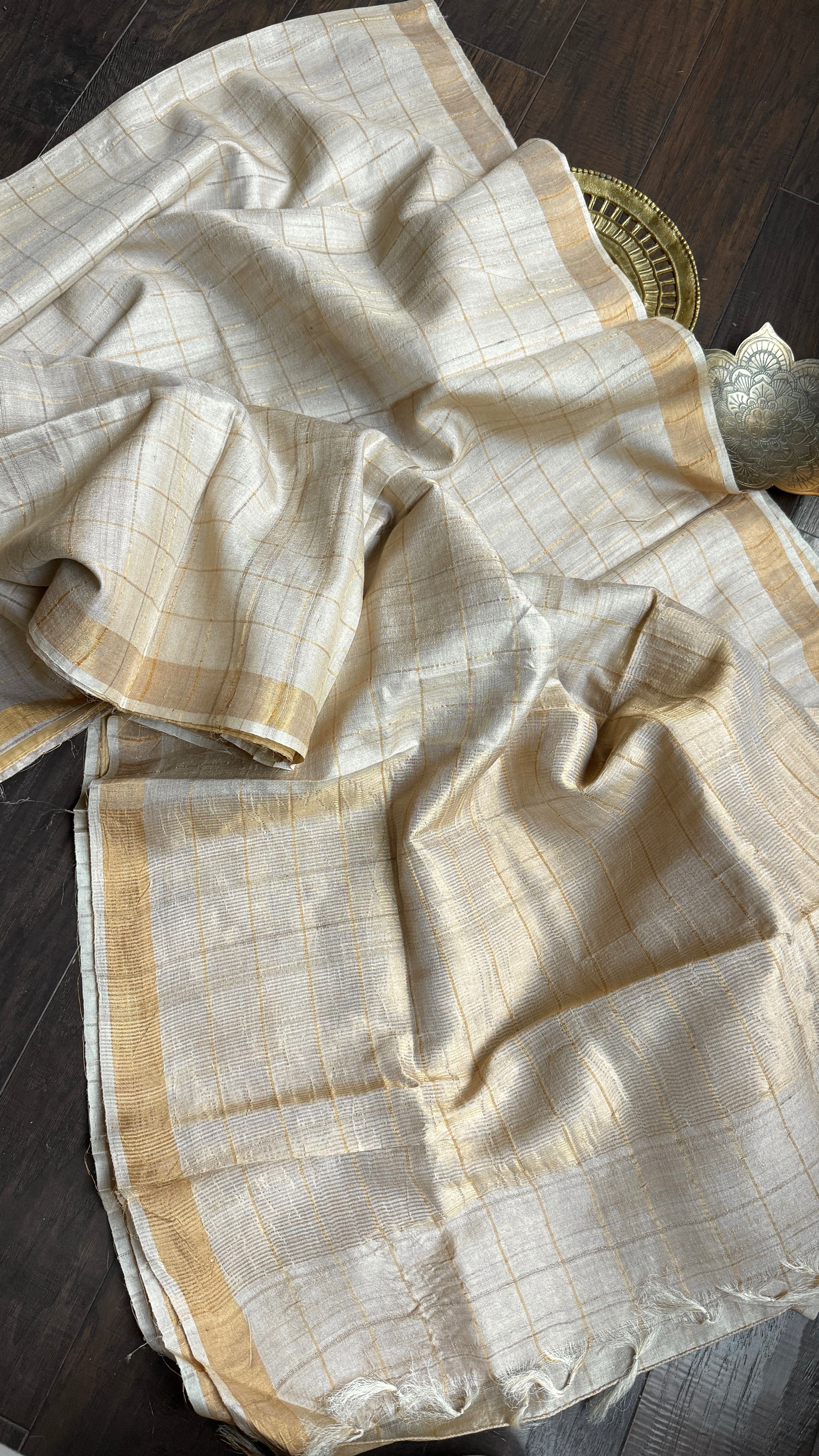 Pure Tussar Silk - Beige Golden Zari Woven5