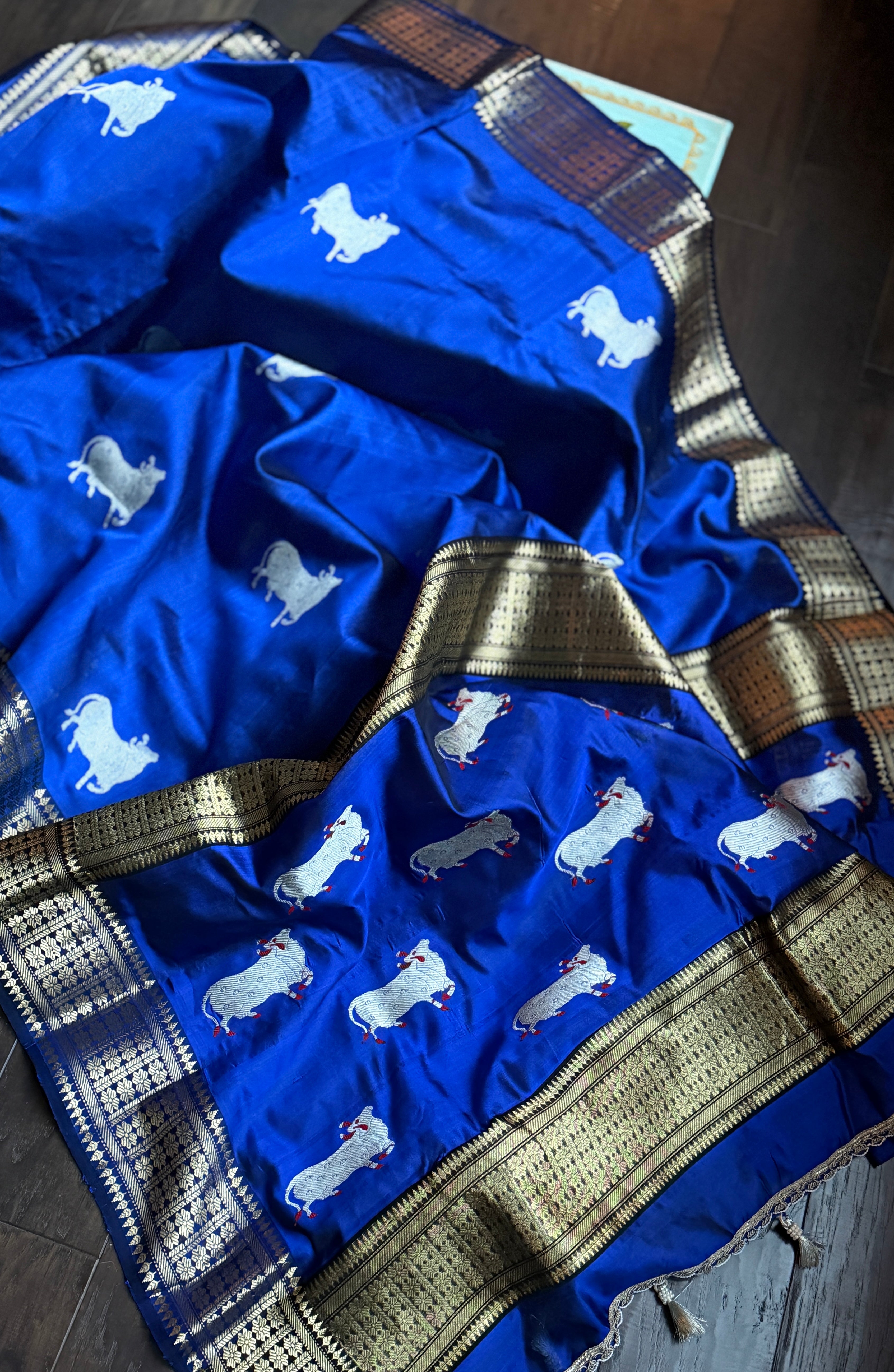 Pure Chanderi Pattu Silk - Blue Nandi Eknaliya