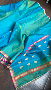 Pure Chanderi Organza Silk - Firozi and Green Shaded