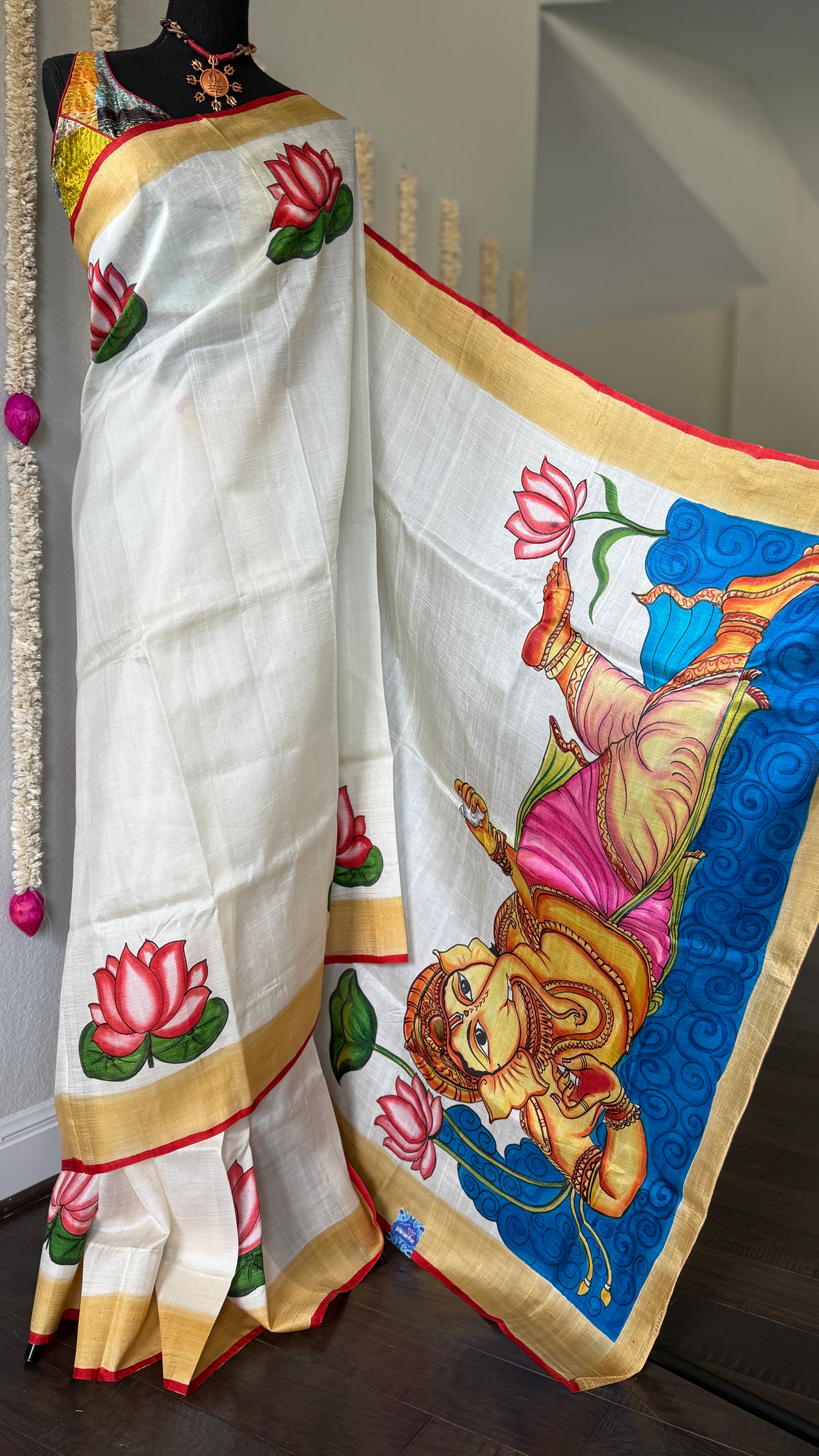 Hand Painted Tussar Silk - Cream White Ganesha