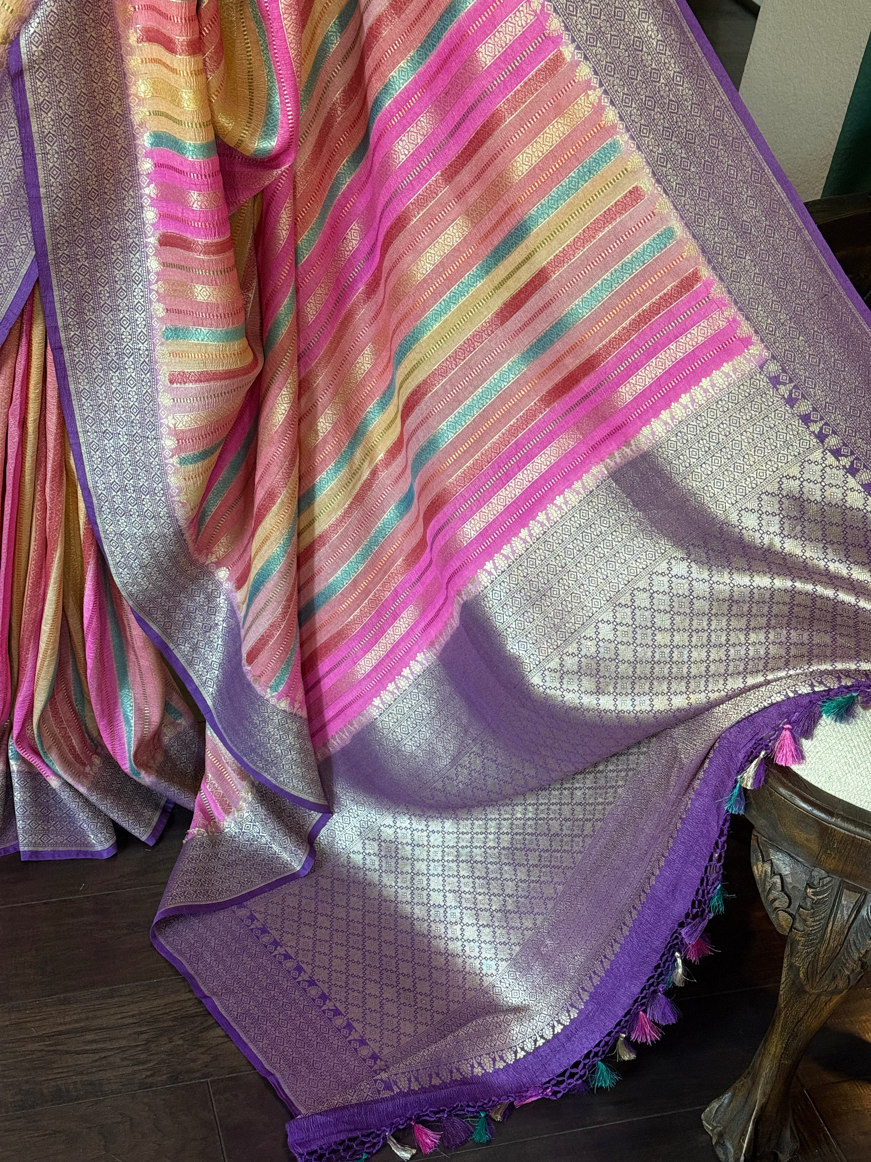 Khaddi Tussar Banarasi -  Pink Multi color Purple