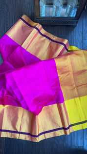 Pure Chanderi Pattu Silk - Hot Pink Yellow