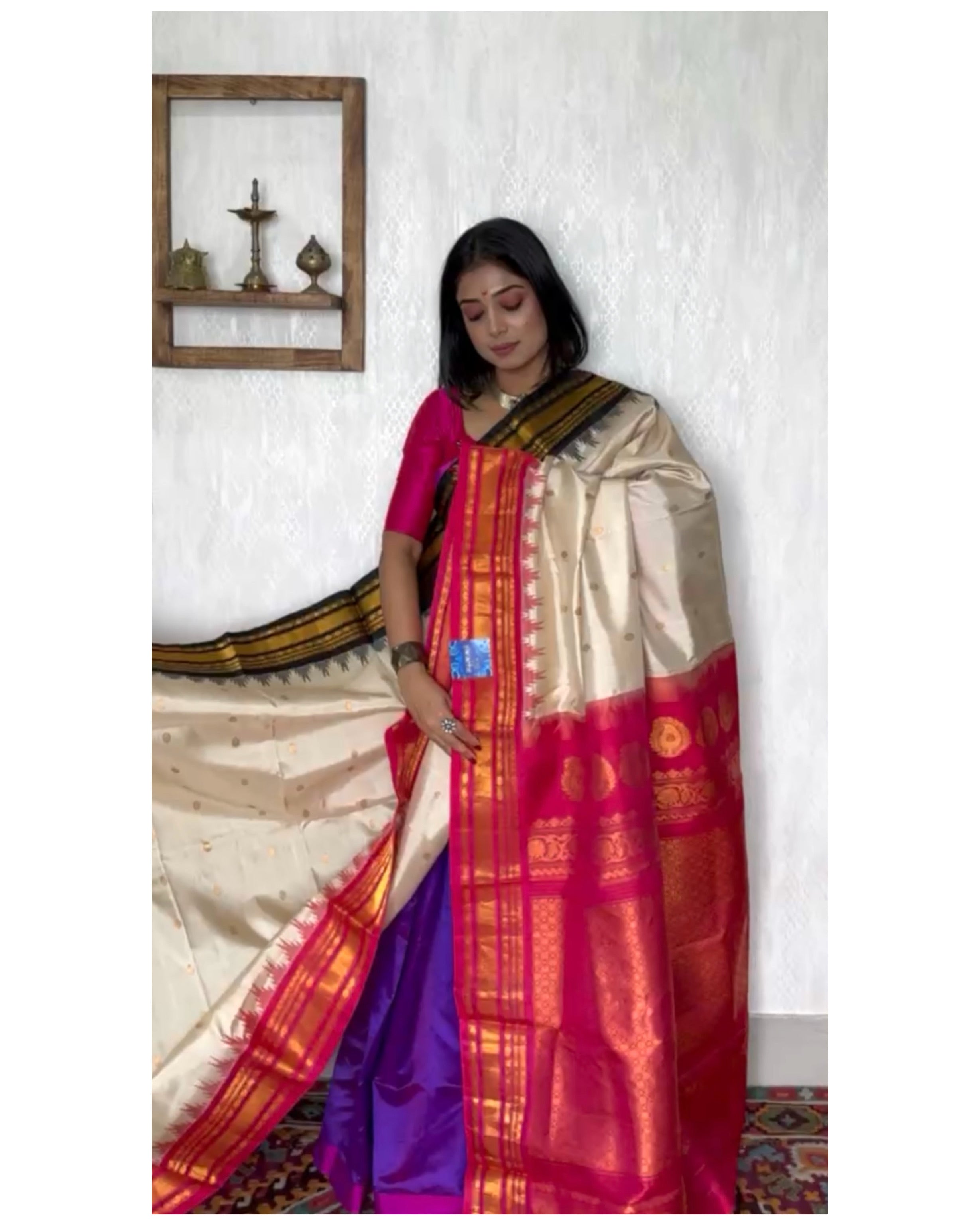 Pure Silk Gadwal - Tan Magenta Pink