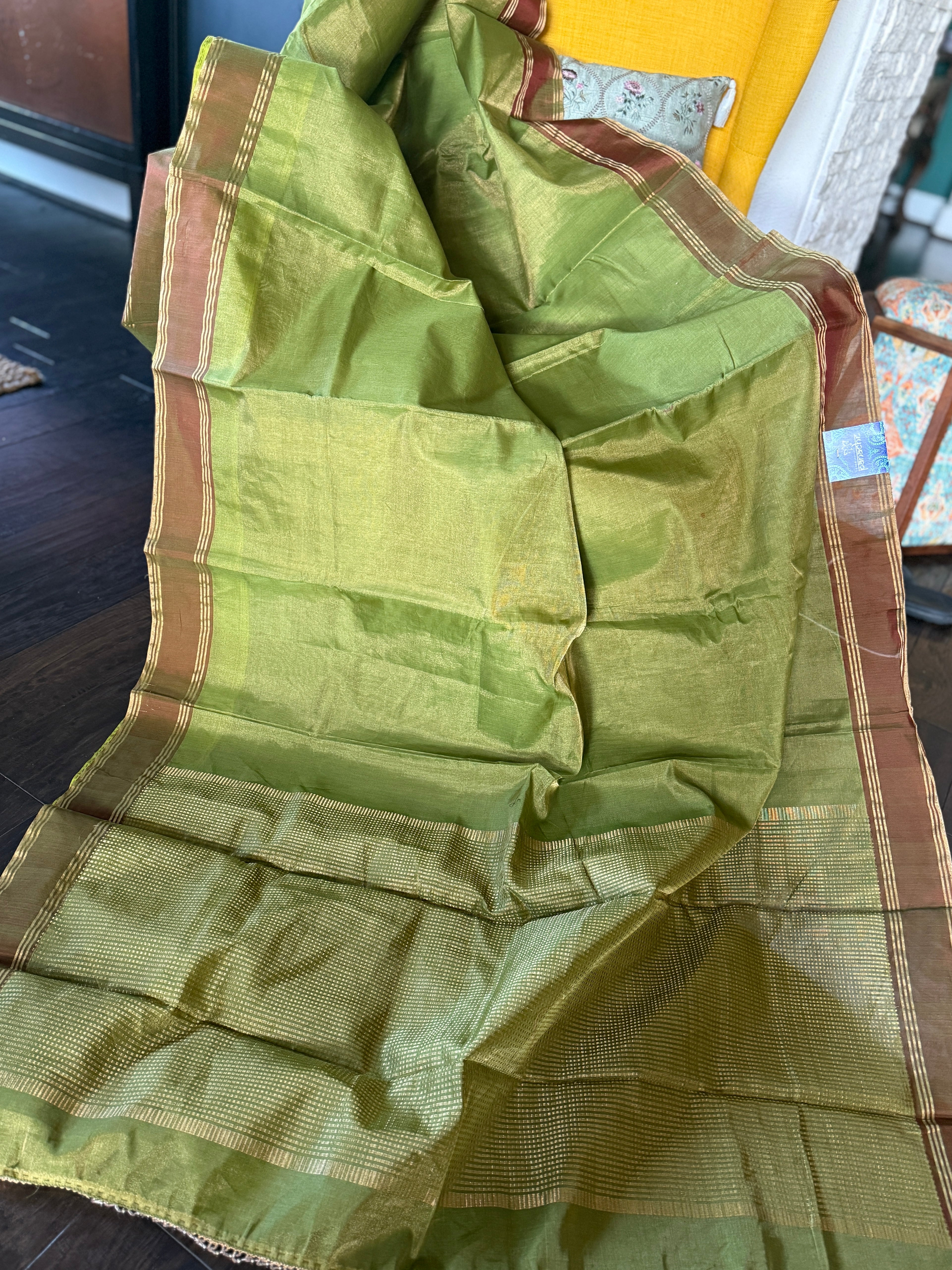 Chanderi Silk Cotton Tissue - Henna Green Woven