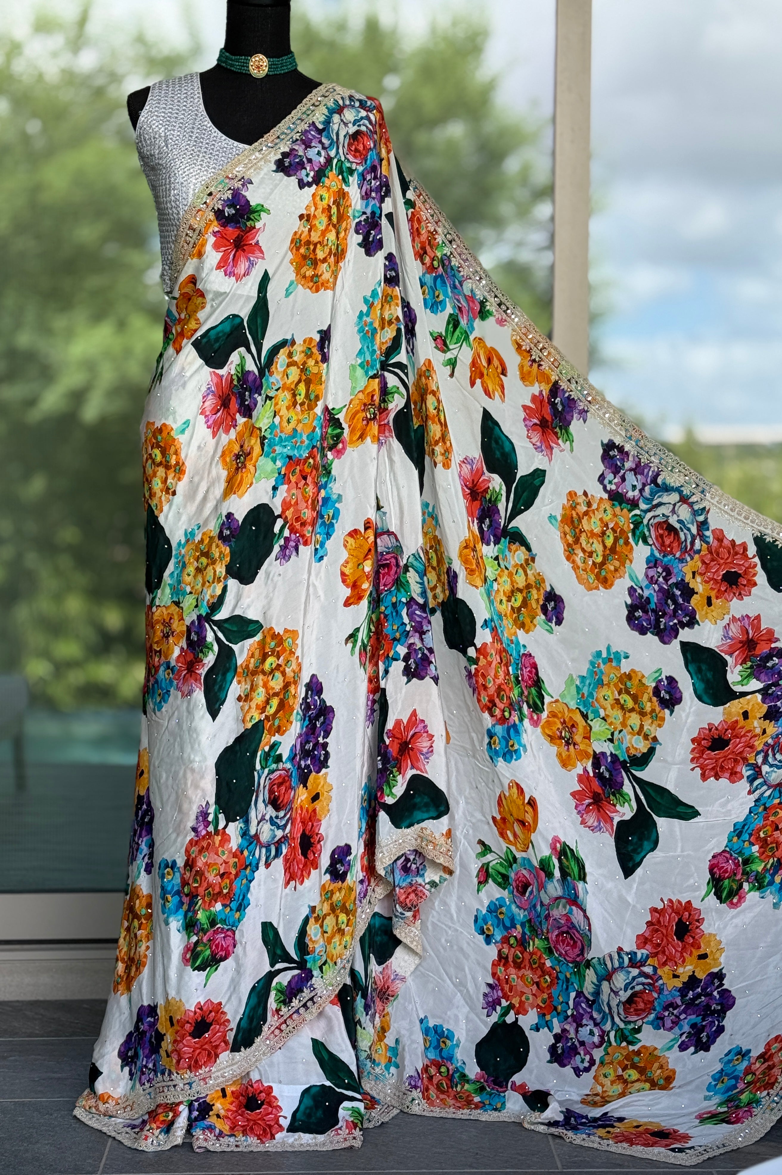 Designer Crepe Satin - White Multi Color