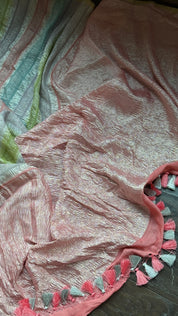 Pure Muga Silk Crushed Zari Banarasi - Peach Pink Hand Dyed